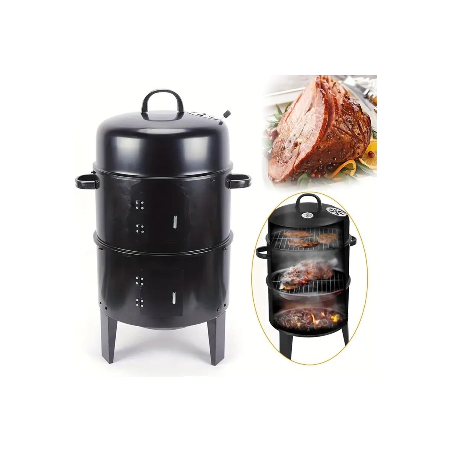 TOPTENG Vertical Charcoal BBQ Smoker, 3-in-1 16" Round Charcoal Barbecue Grill with 2 Cooking Area, and Thermometer for Outdoor Camping Picnic