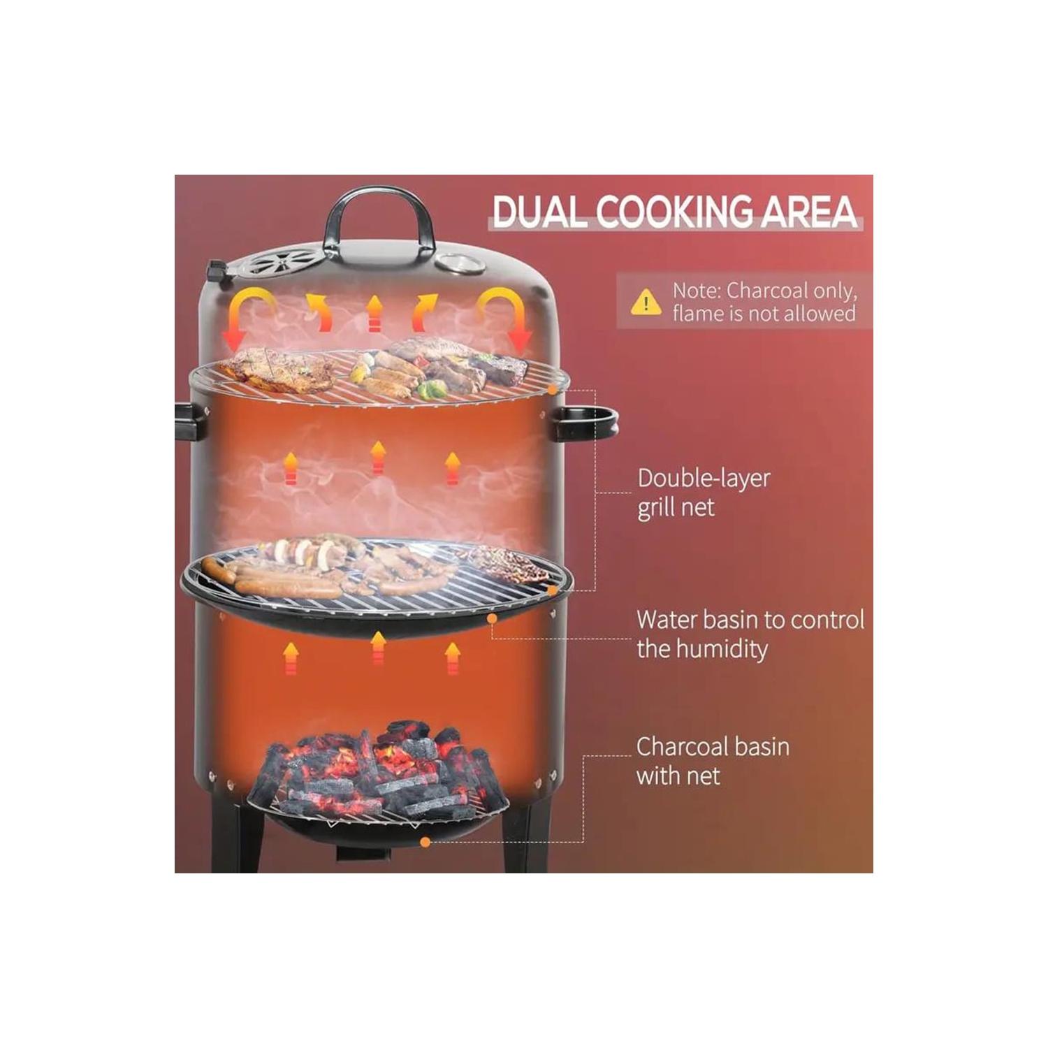 TOPTENG Vertical Charcoal BBQ Smoker, 3-in-1 16" Round Charcoal Barbecue Grill with 2 Cooking Area, and Thermometer for Outdoor Camping Picnic