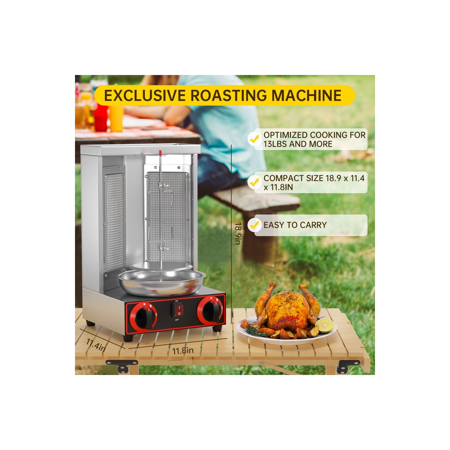 TOPTENG 110V 2000W Commercial Electric Vertical Gas Shawarma Broiler Machine Spinning Doner Kebab Gyro Grill Machine, Rotisserie Doner Kebab Gyro