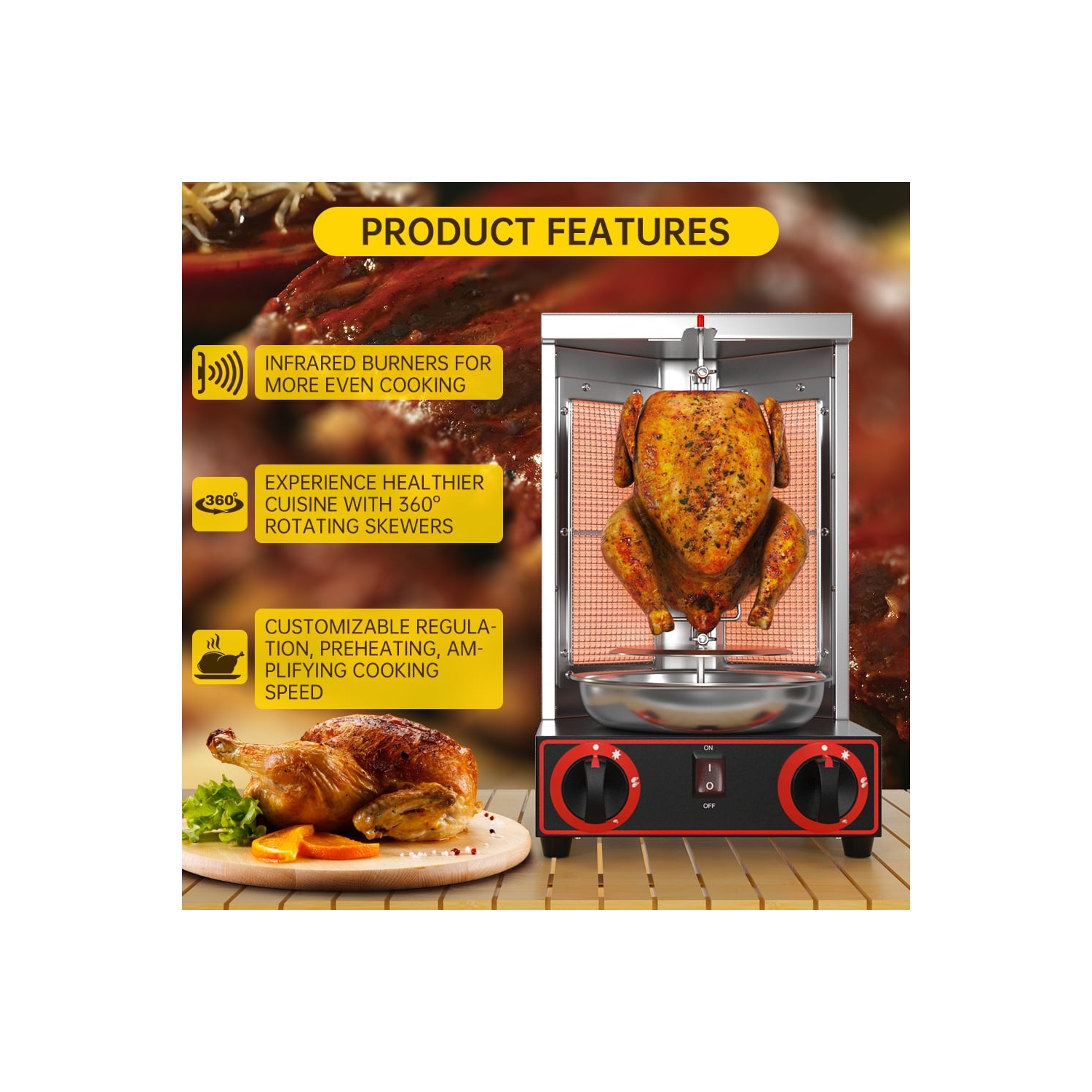 TOPTENG 110V 2000W Commercial Electric Vertical Gas Shawarma Broiler Machine Spinning Doner Kebab Gyro Grill Machine, Rotisserie Doner Kebab Gyro