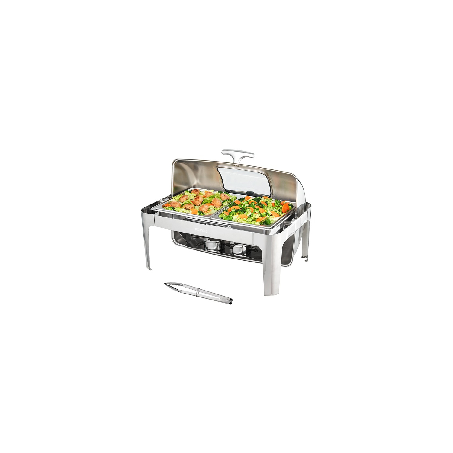 VEVOR Rectangle Roll Top Chafing Dish with 9Qt Pan Visual Glass Lid Fuel Holder