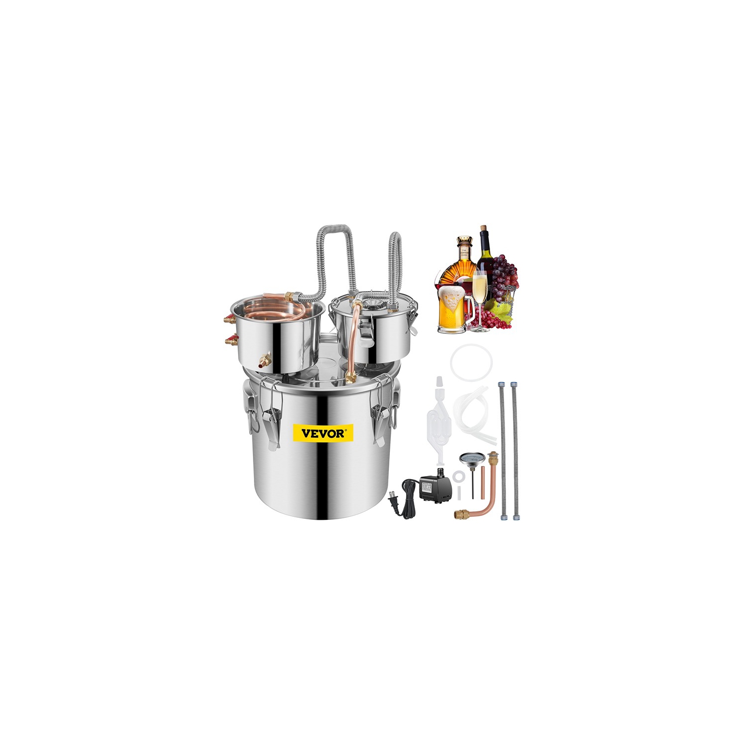 VEVOR Moonshine Still Stainless Steel Water Alcohol Distiller Copper Tube With Circulating Pump Home Brewing Kit (Silver)