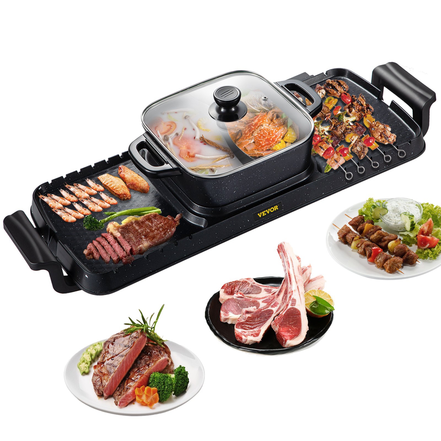 VEVOR 2400W 2 in 1 Electric Grill and Hot Pot with Dual Temp Control, Black