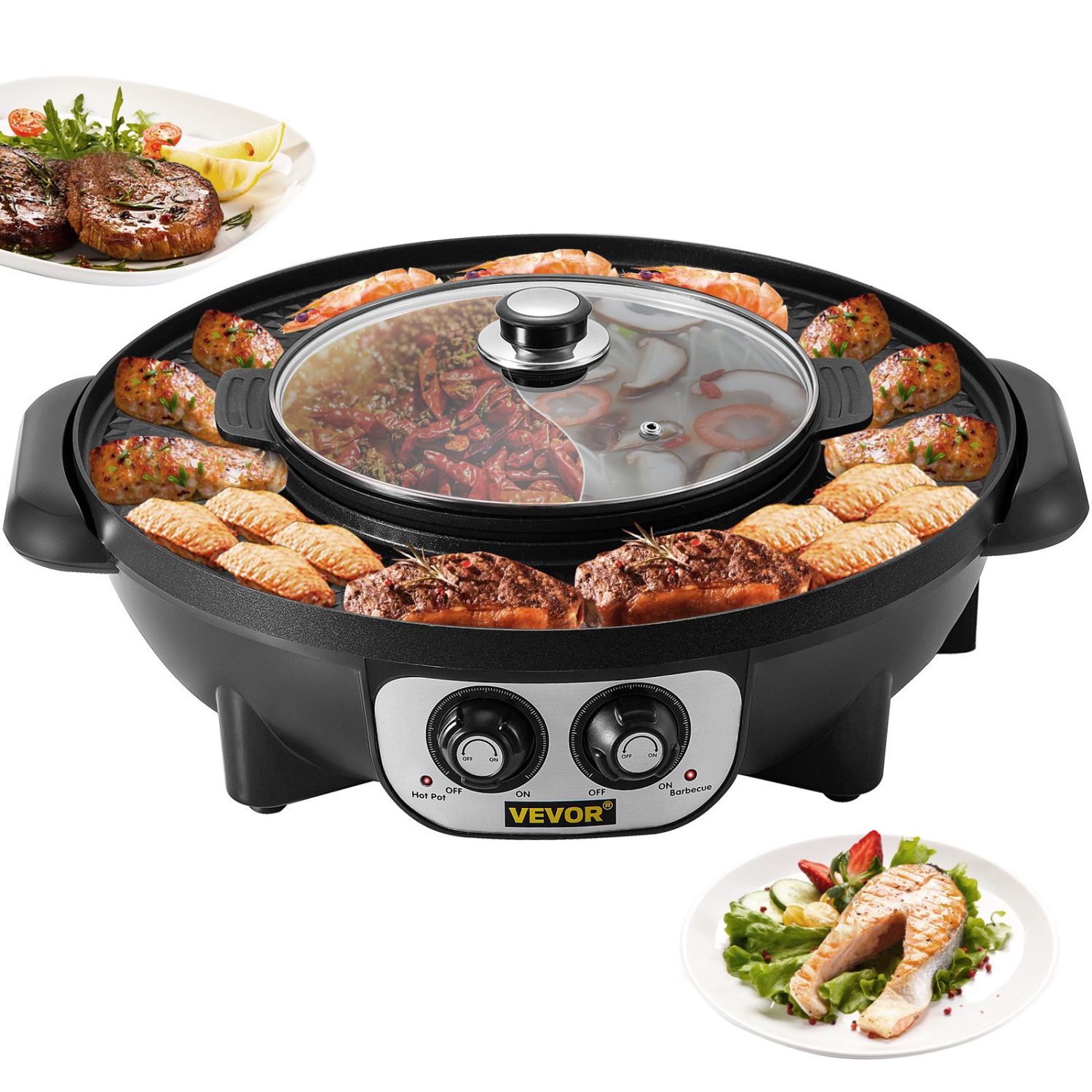 VEVOR 2200W 2 in 1 Electric Grill and Hot Pot with Nonstick Coating for 1-8 People, Black