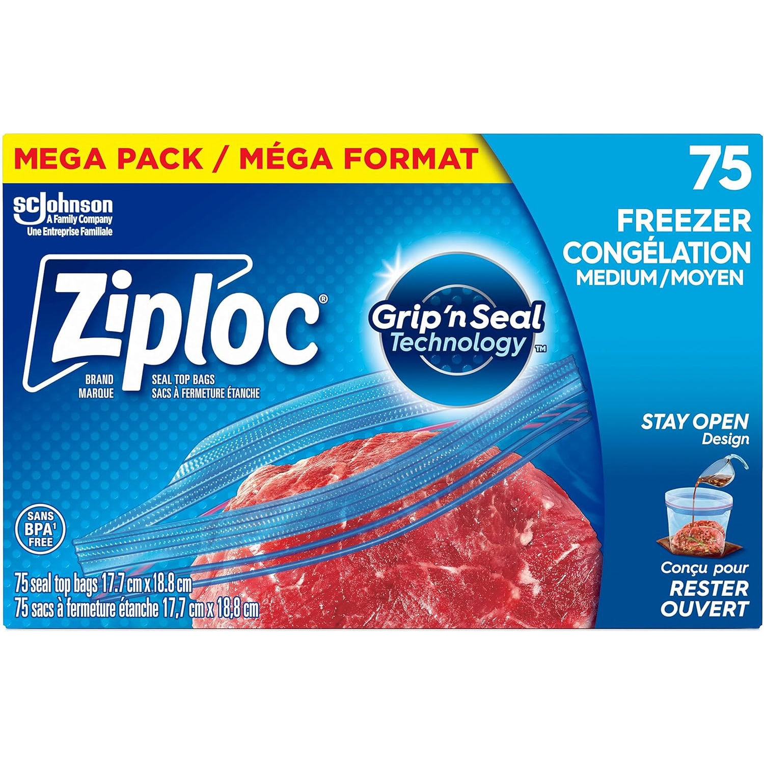 Ziploc Medium Food Storage Freezer Bags, Grip 'n Seal Technology for Easier Grip, Open and Close, 75 Count