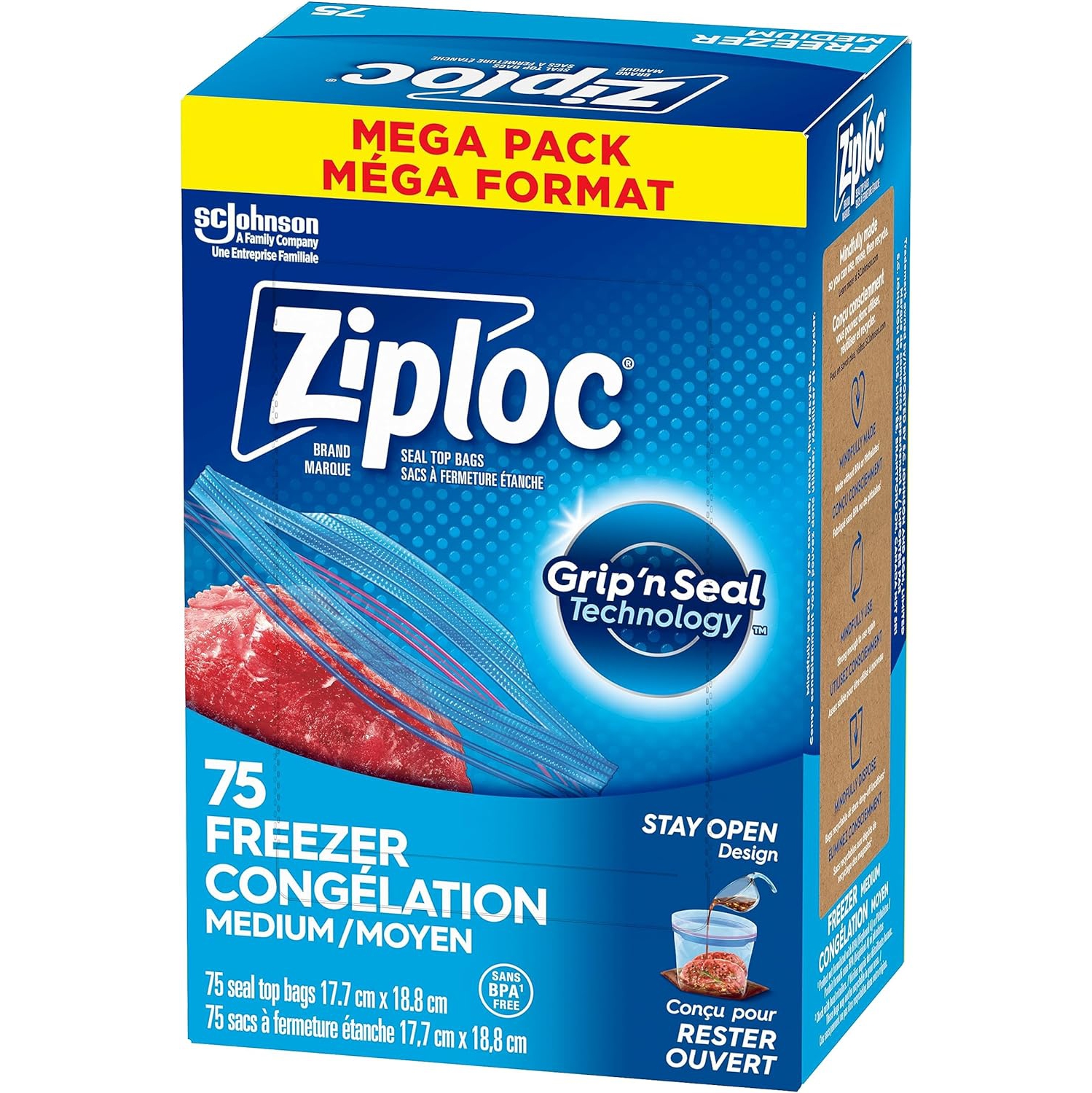Ziploc Medium Food Storage Freezer Bags, Grip 'n Seal Technology for Easier Grip, Open and Close, 75 Count