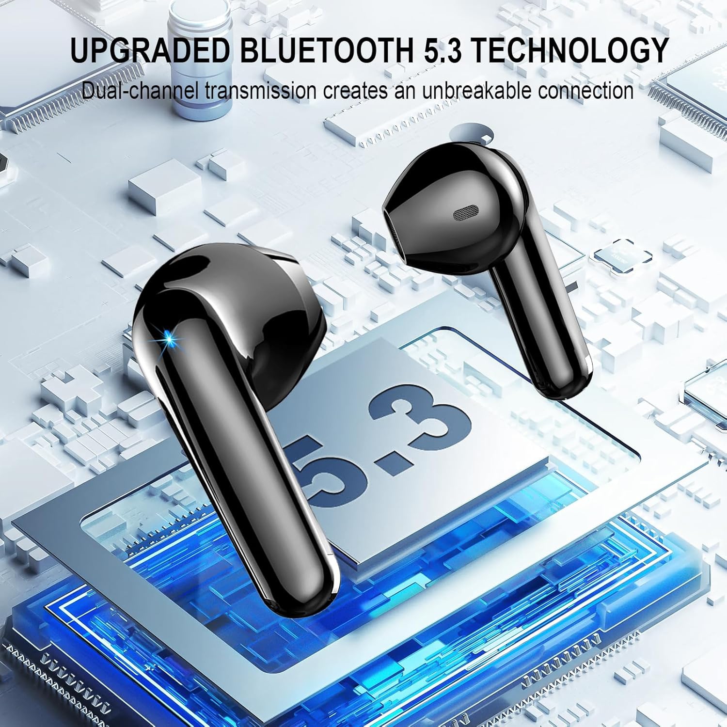 Wireless Earbuds Bluetooth 5.3 Headphones with 4 ENC Noise Cancelling Mics, 48H HiFi Stereo Wireless Headphones, Bluetooth Ear Buds with Dual LED