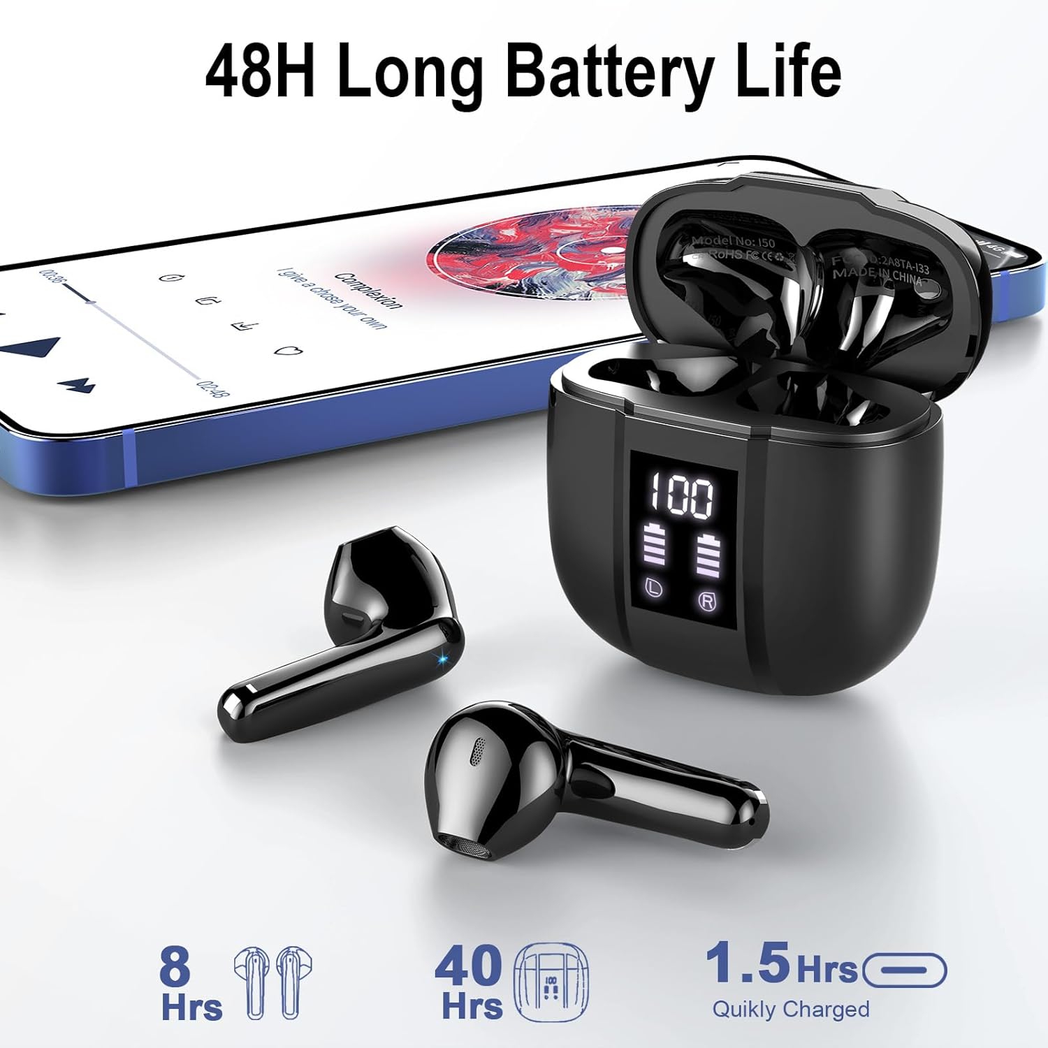 Wireless Earbuds Bluetooth 5.3 Headphones with 4 ENC Noise Cancelling Mics, 48H HiFi Stereo Wireless Headphones, Bluetooth Ear Buds with Dual LED