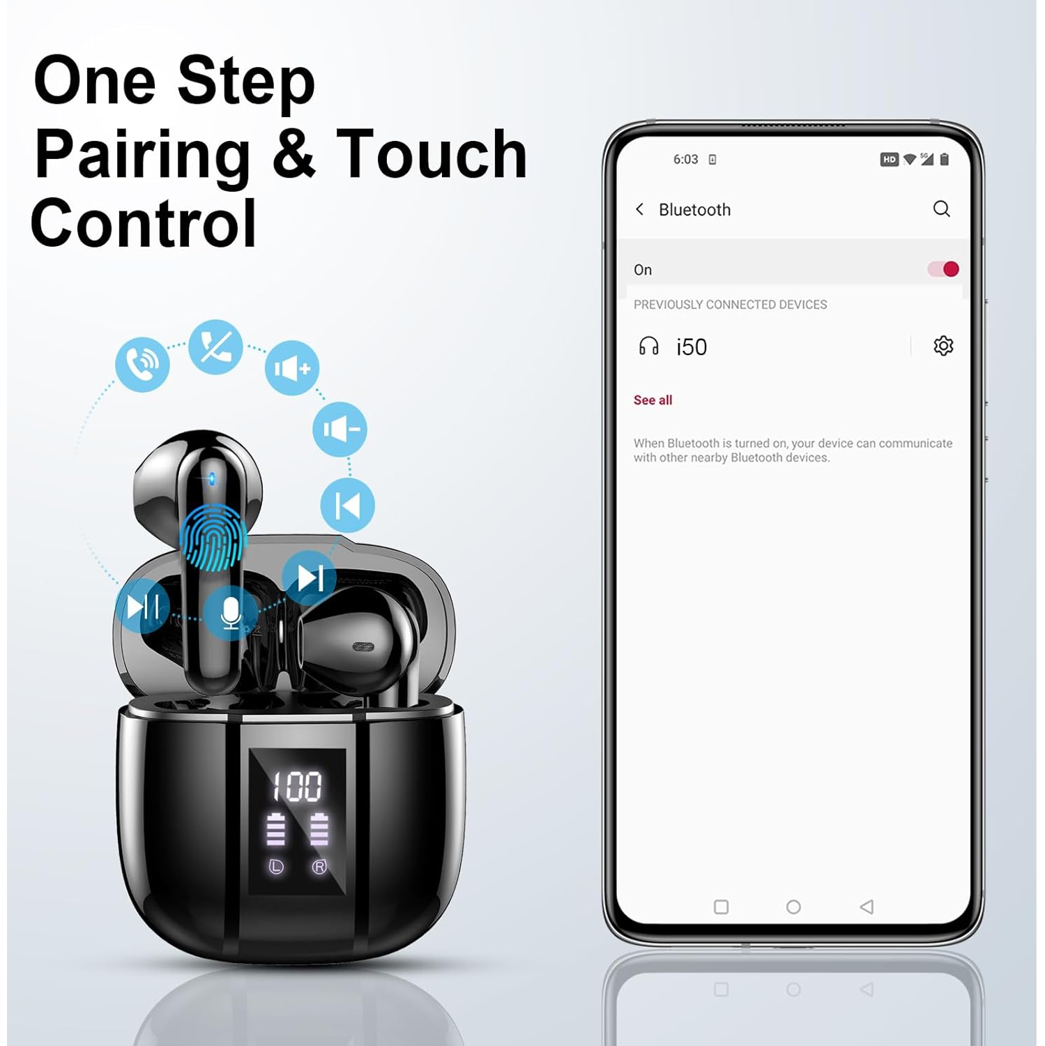 Wireless Earbuds Bluetooth 5.3 Headphones with 4 ENC Noise Cancelling Mics, 48H HiFi Stereo Wireless Headphones, Bluetooth Ear Buds with Dual LED