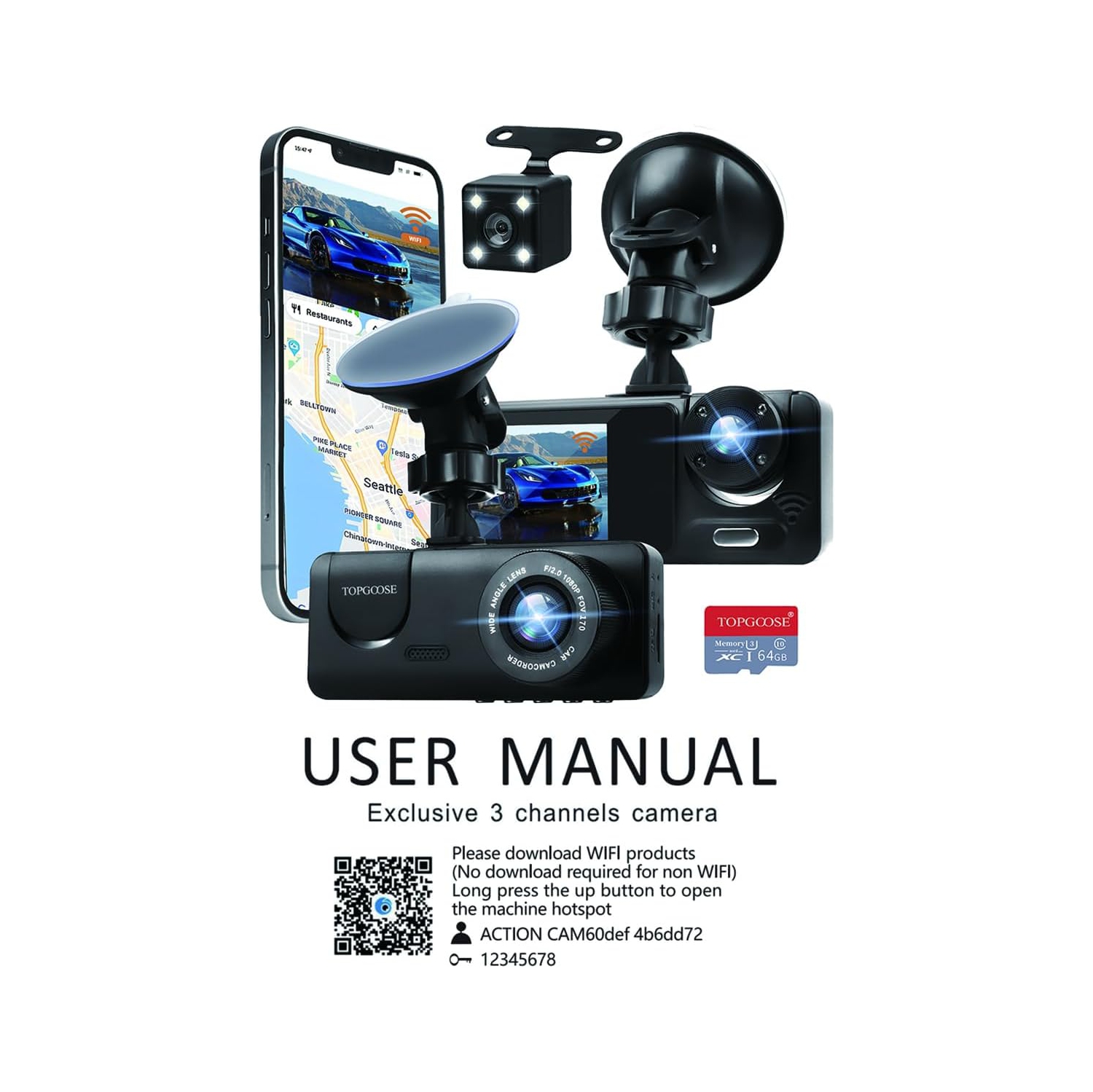 3 Channel Dash Cam WiFi FHD 1080P Car Camera 64GB TF Card,TOPGOOSE Front Dash Camera Front and Rear Inside for Cars,Mini Dashcams with Night