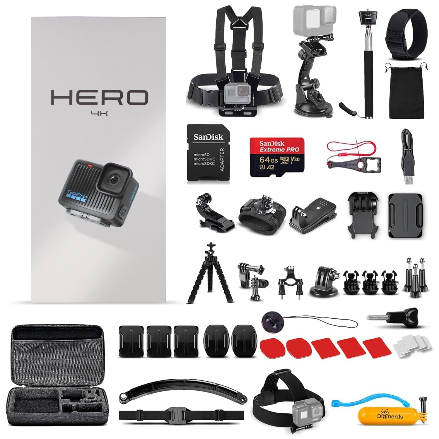 GoPro HERO Compact Action Camera with 64GB Card and 50 Piece DiGiNerds Accessory Kit