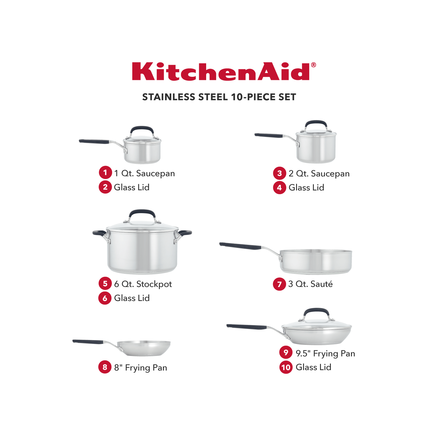 Batterie de cuisine en acier inoxydable de KitchenAid, 10 pièces, acier inoxydable brossé