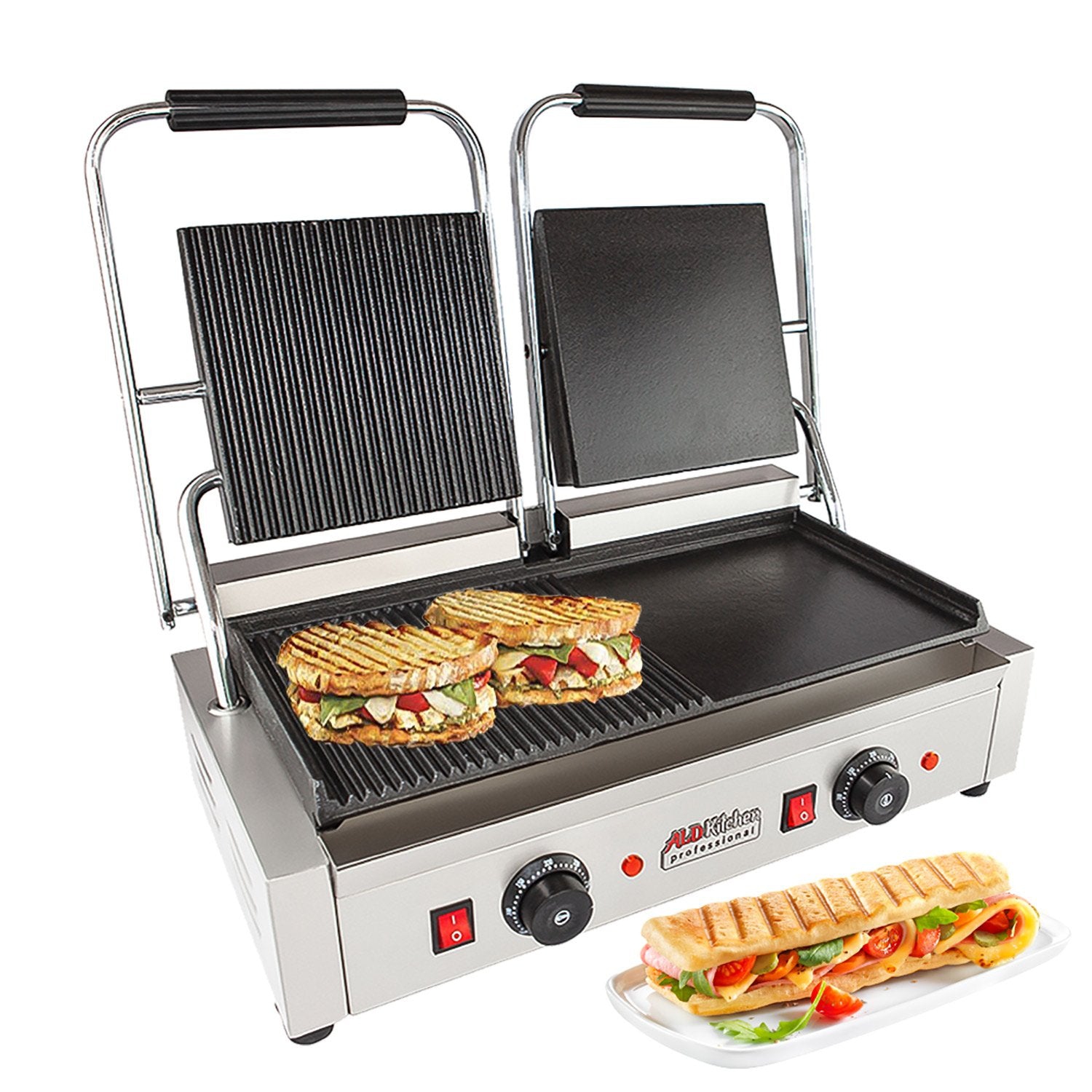 AP-691 Double Panini Press | Half-Ribbed & Half-Flat Sandwich Maker | Cast-Iron Plates | Nonstick Coating | 110V