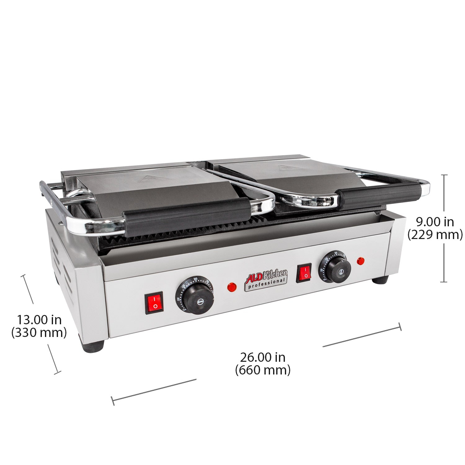 AP-691 Double Panini Press | Half-Ribbed & Half-Flat Sandwich Maker | Cast-Iron Plates | Nonstick Coating | 110V