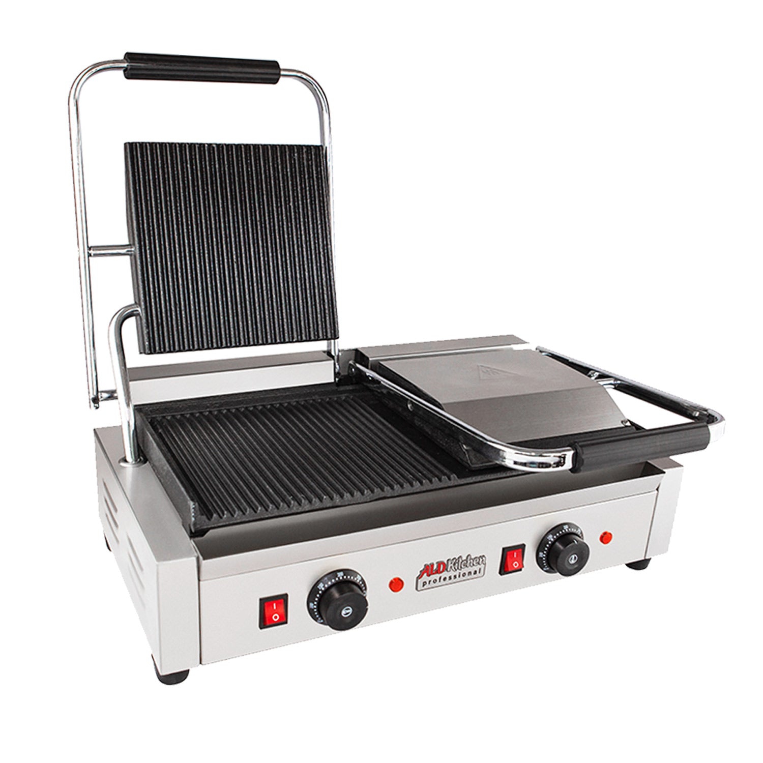 AP-691 Double Panini Press | Half-Ribbed & Half-Flat Sandwich Maker | Cast-Iron Plates | Nonstick Coating | 110V