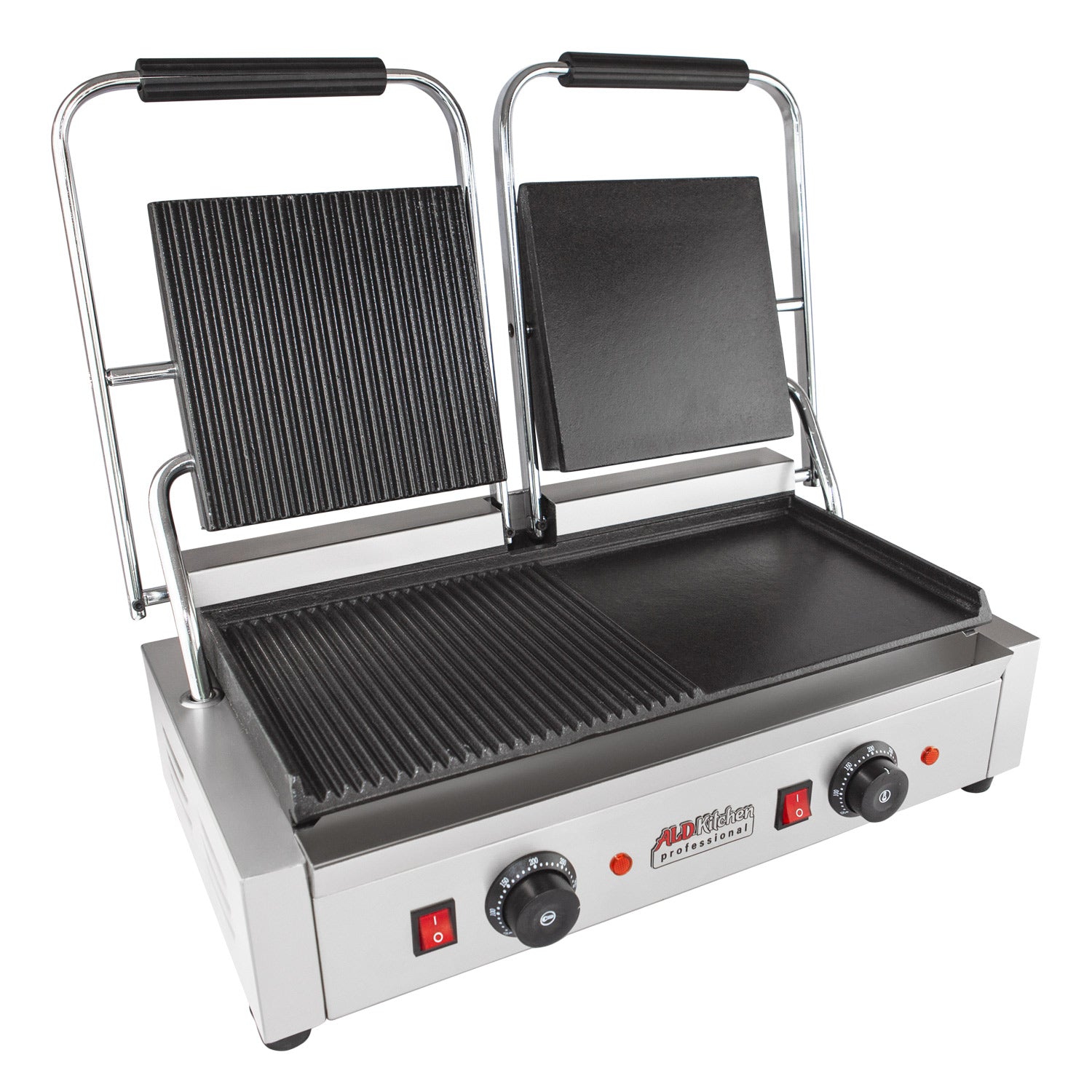 AP-691 Double Panini Press | Half-Ribbed & Half-Flat Sandwich Maker | Cast-Iron Plates | Nonstick Coating | 110V