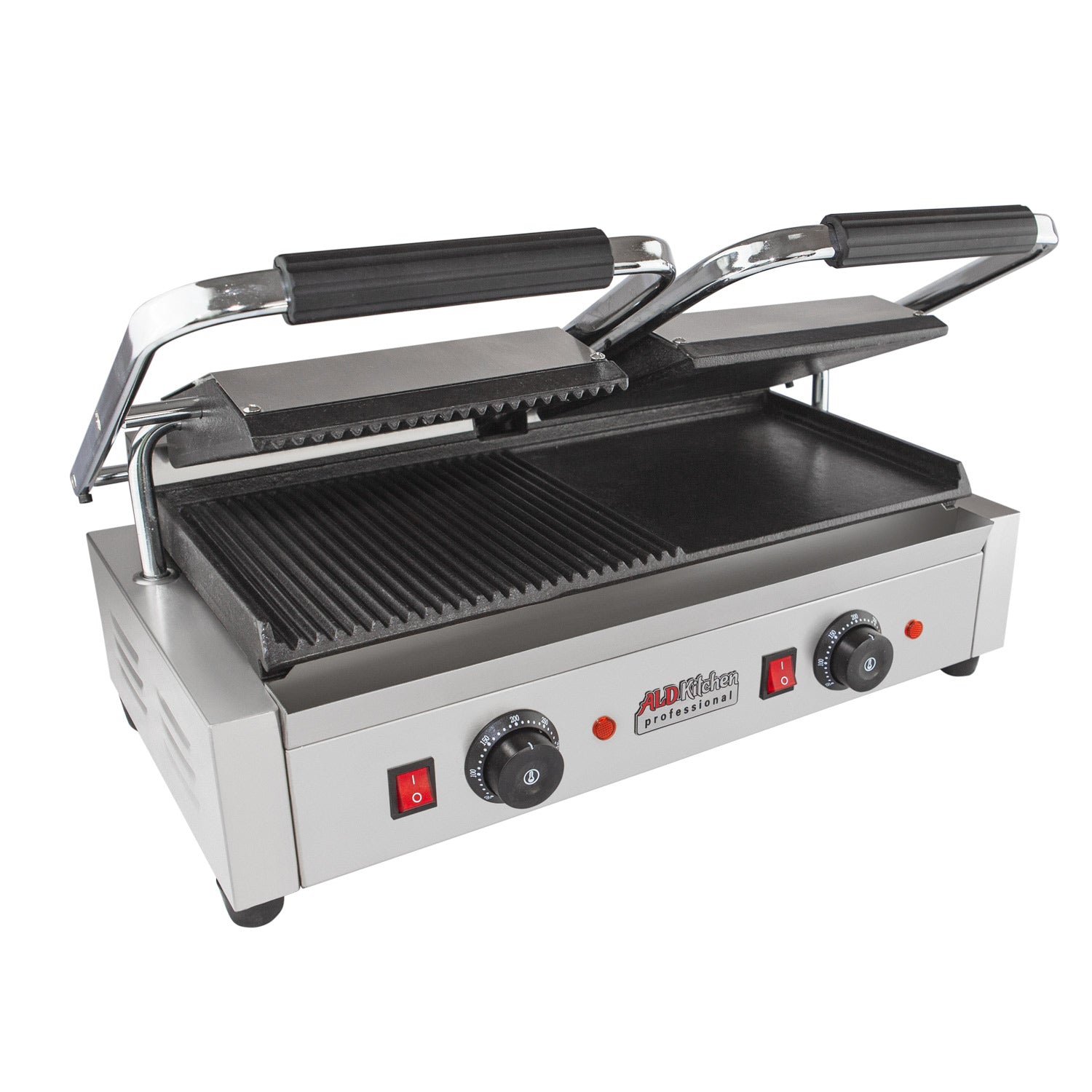 AP-691 Double Panini Press | Half-Ribbed & Half-Flat Sandwich Maker | Cast-Iron Plates | Nonstick Coating | 110V