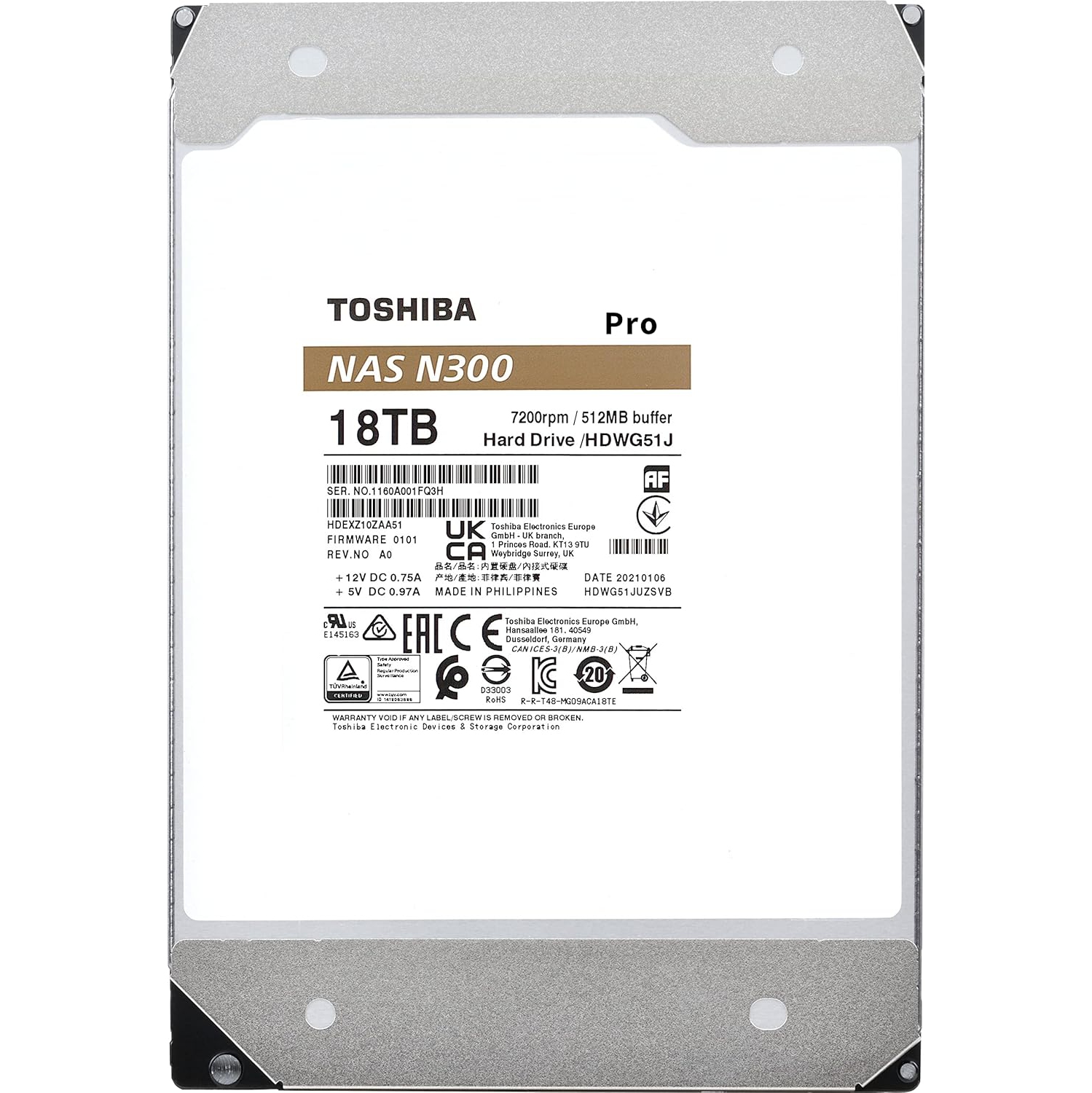 Disque dur interne N300 PRO 18 To de 3,5 po de Toshiba - Charge de travail maximale 300 To/an CMR SATA 6 Gb/s 7200 tr/min