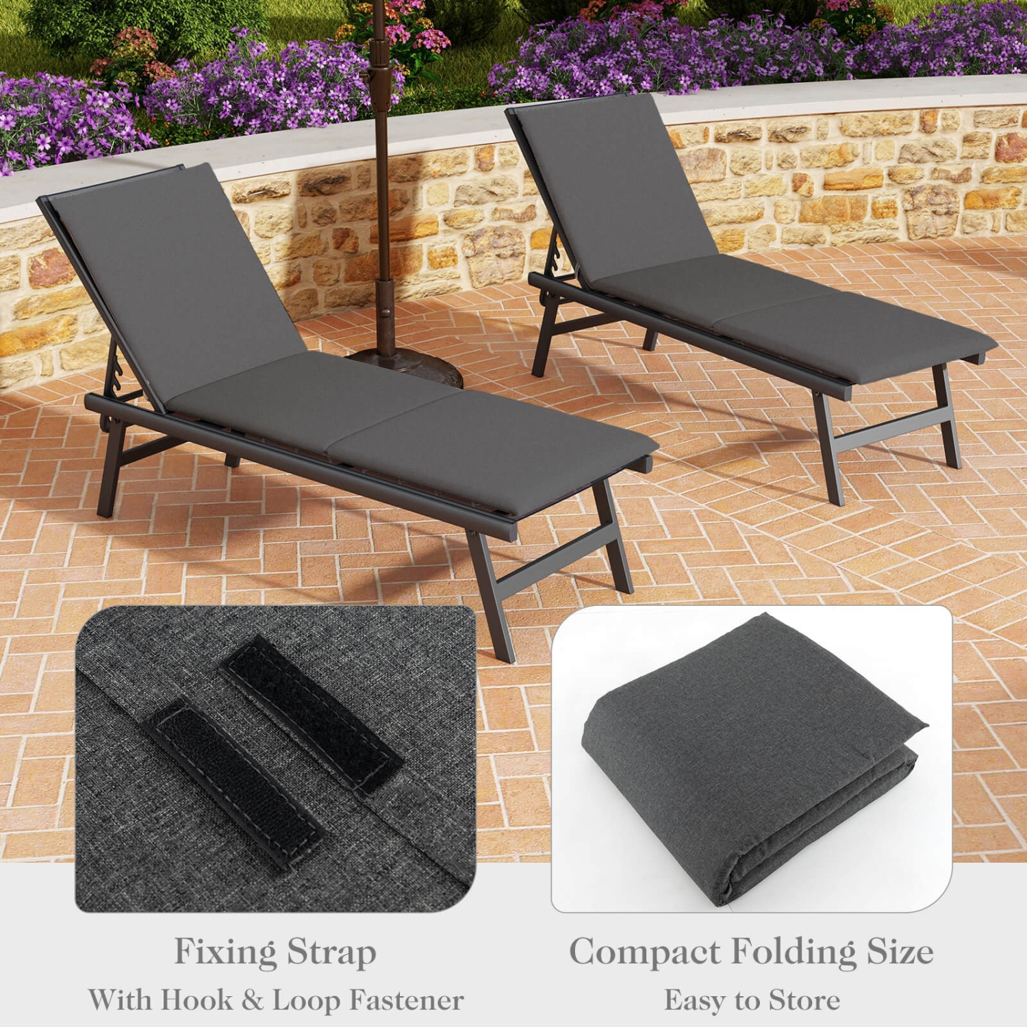 Costway Outdoor Chaise Lounge Cushion with Hook & Loop Fastener Fixing Straps Patio DarkGrey