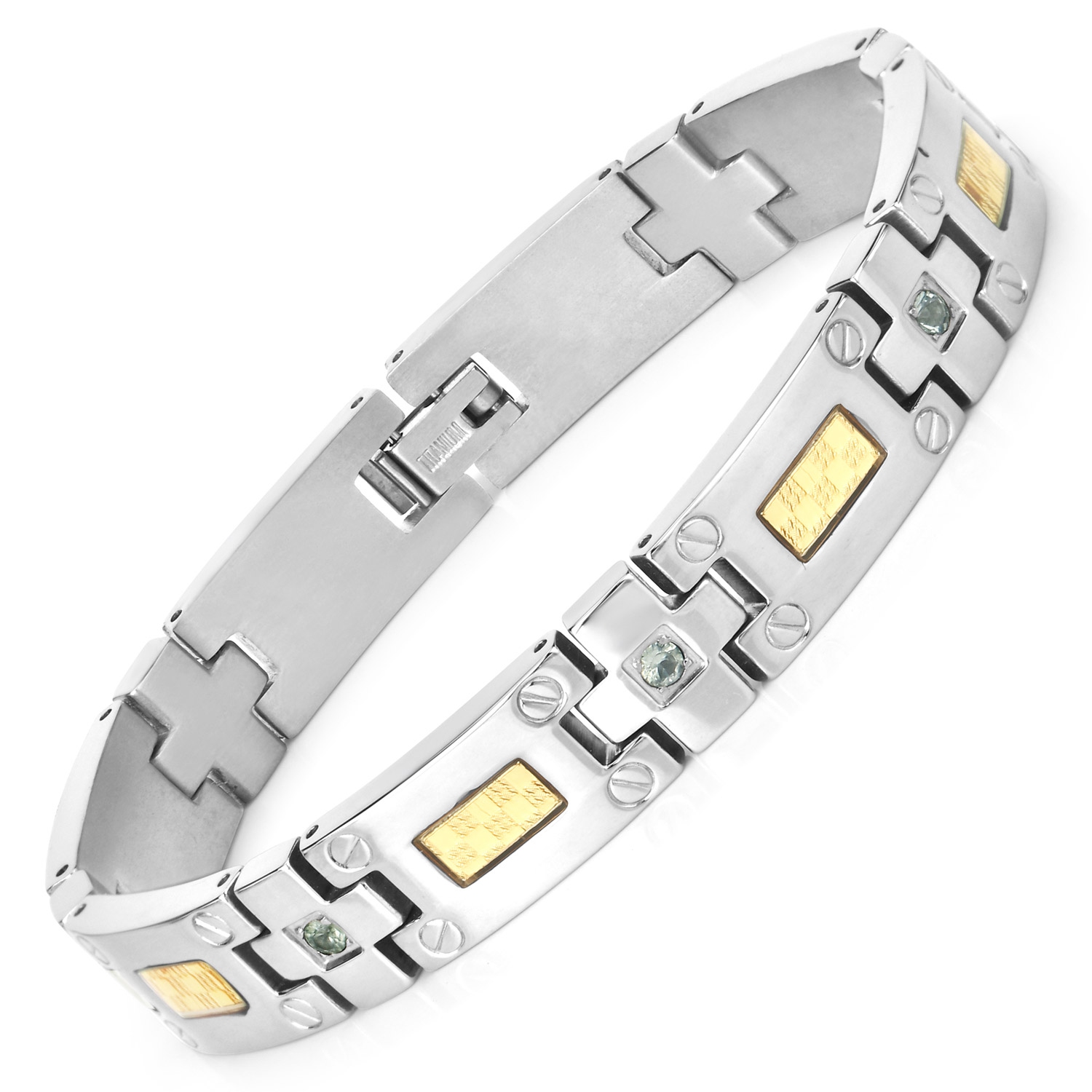 Bracelet homme en titane avec incrustation en acier plaqué or 0,56ct Saphirs verts naturels ronds
