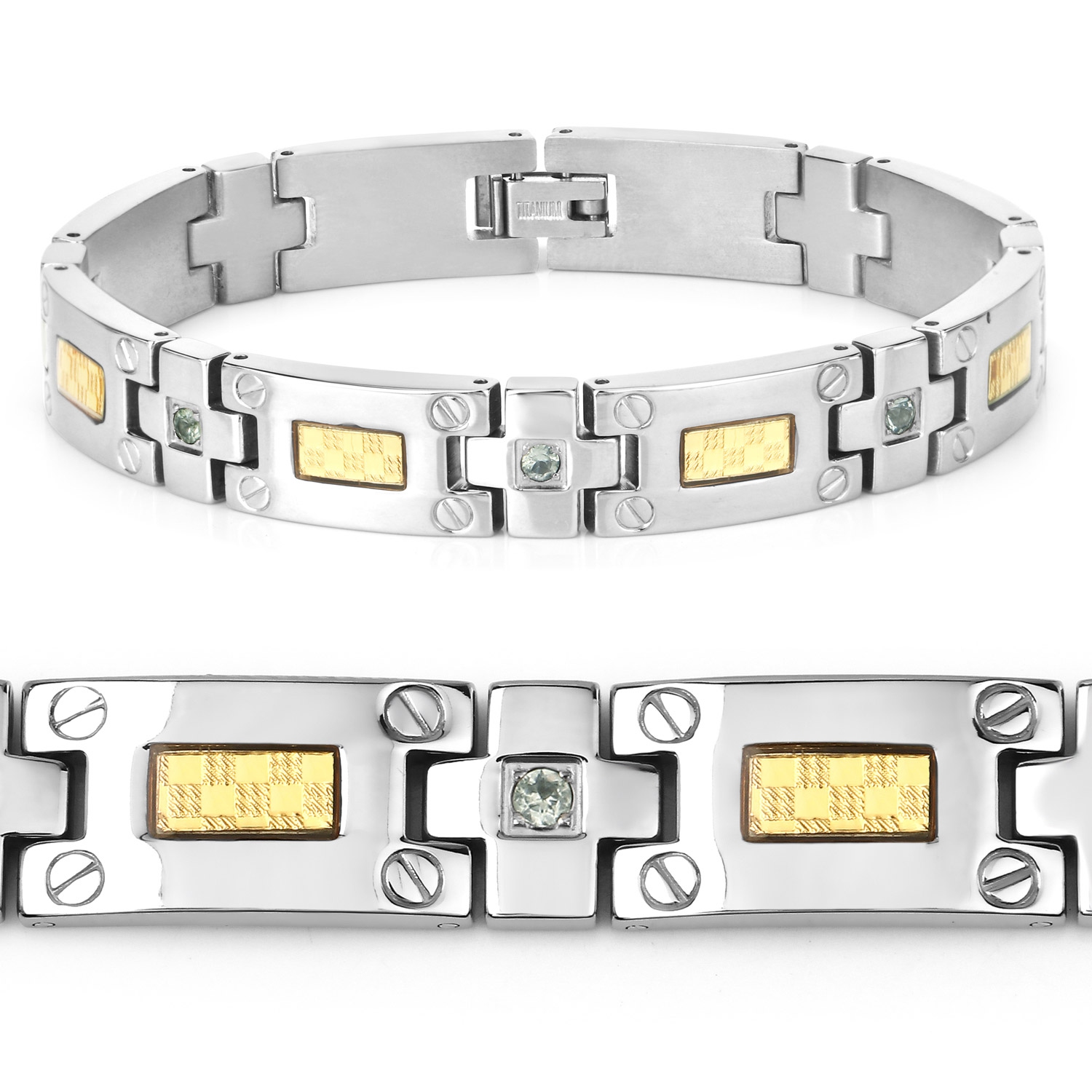 Bracelet homme en titane avec incrustation en acier plaqué or 0,56ct Saphirs verts naturels ronds