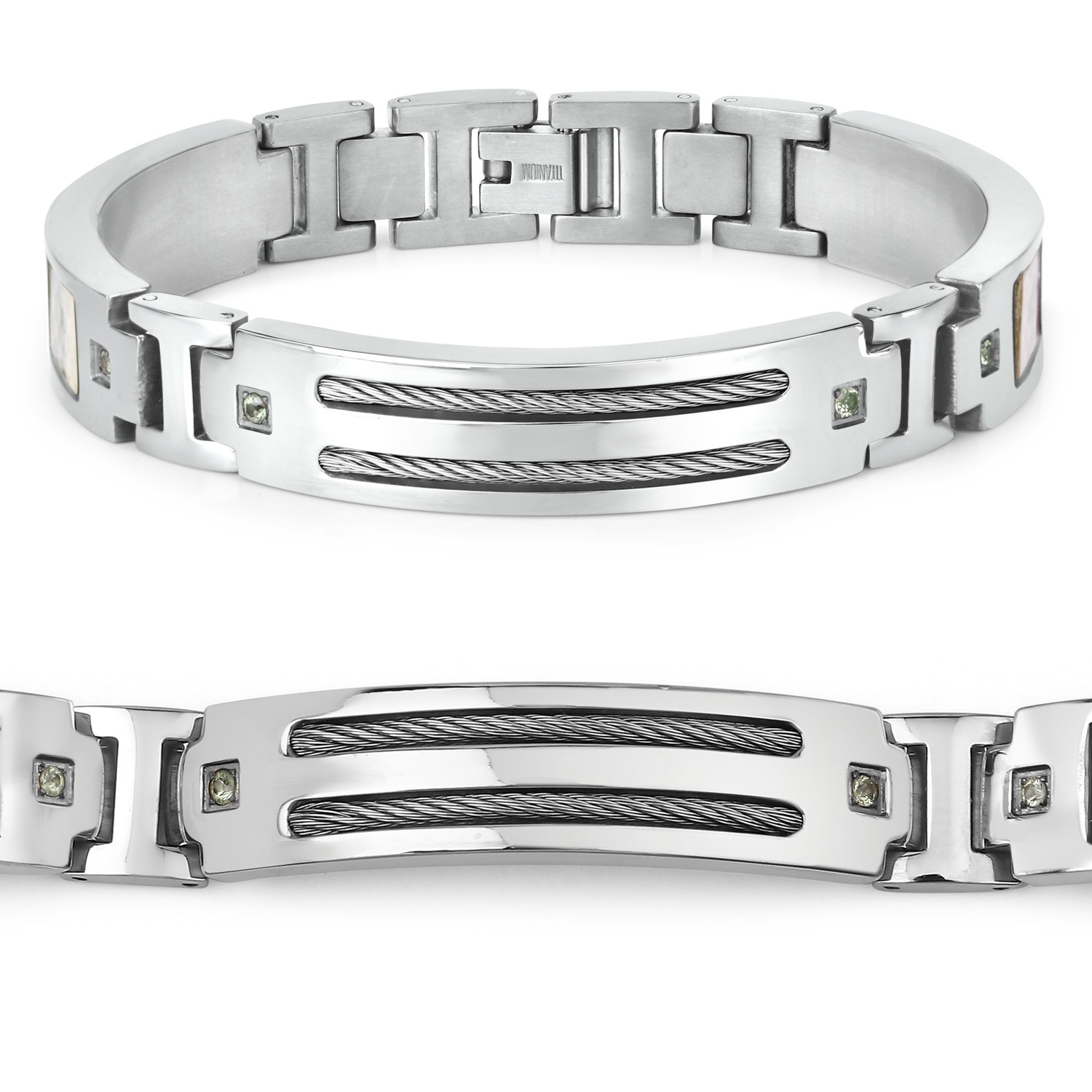 Mens Titanium Bracelet with Silver Plate Steel Inlay 0.48ct.w. Natural Green Sapphire Rounds
