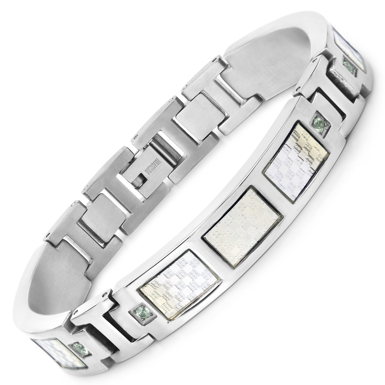 Bracelet homme en titane avec incrustation en acier plaqué argent 0,48ct. Saphirs verts naturels ronds