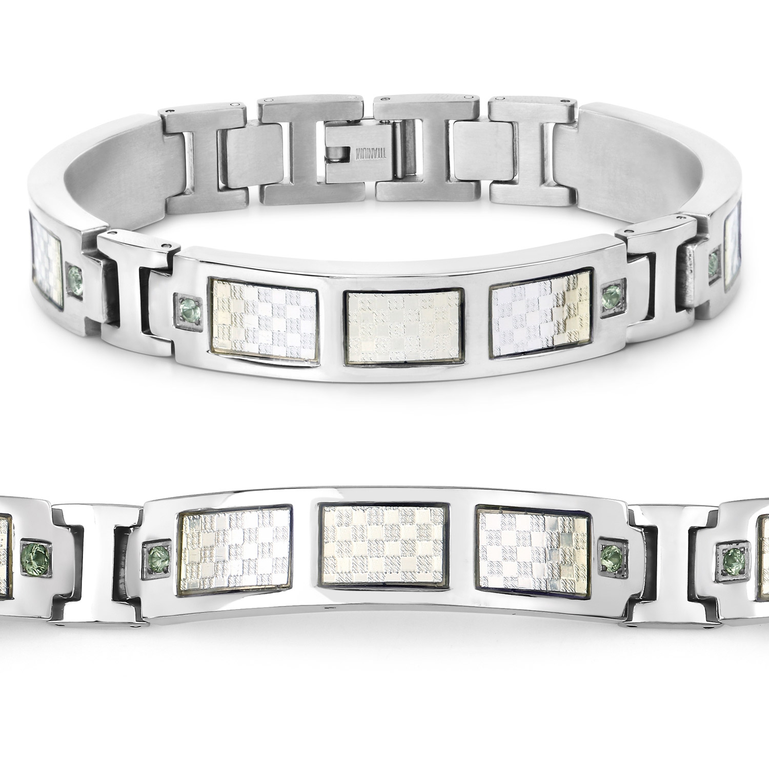 Bracelet homme en titane avec incrustation en acier plaqué argent 0,48ct. Saphirs verts naturels ronds