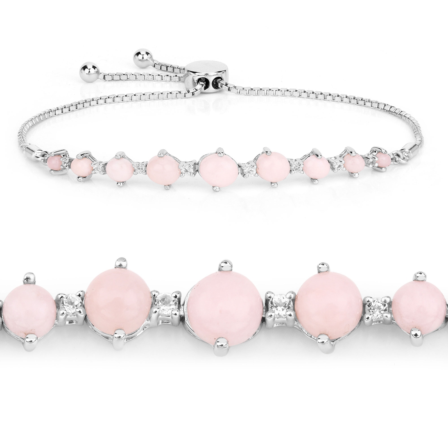 Bracelet en argent sterling de .925 mm avec opale rose véritable et topazes blanches de 5,50 carat