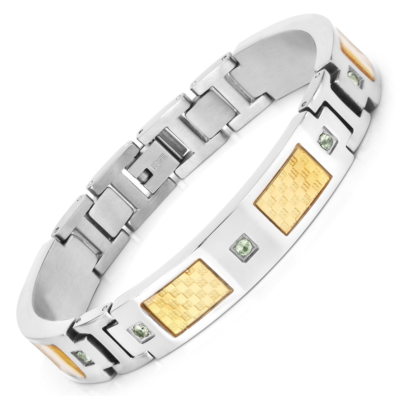 Bracelet homme en titane avec incrustation en acier plaqué or 0,72ct Saphirs verts naturels ronds