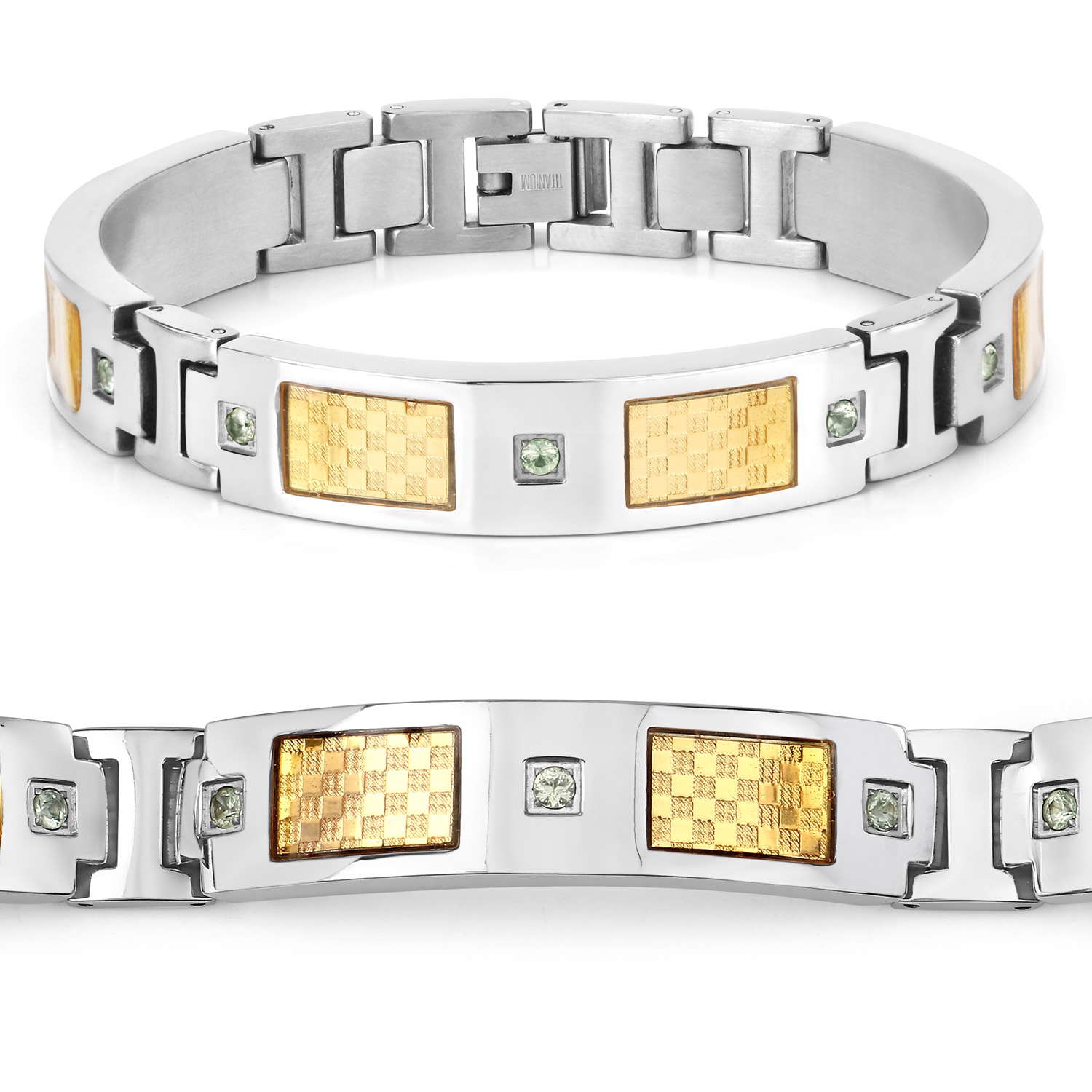 Bracelet homme en titane avec incrustation en acier plaqué or 0,72ct Saphirs verts naturels ronds
