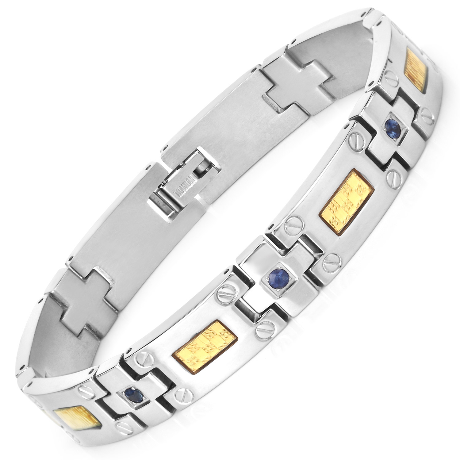 Bracelet homme en titane avec incrustation en acier plaqué or 0,56ct Saphirs bleus naturels ronds