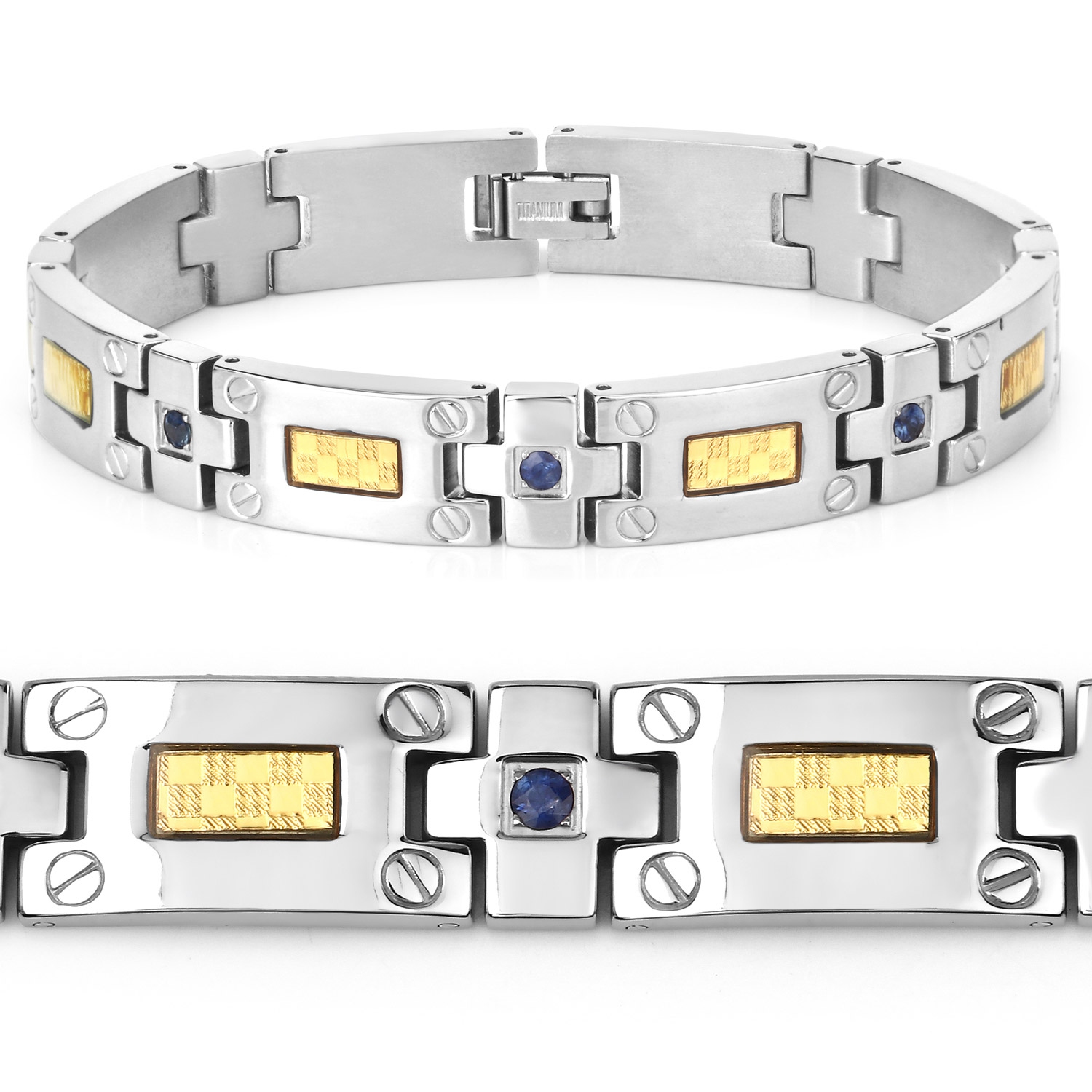 Bracelet homme en titane avec incrustation en acier plaqué or 0,56ct Saphirs bleus naturels ronds