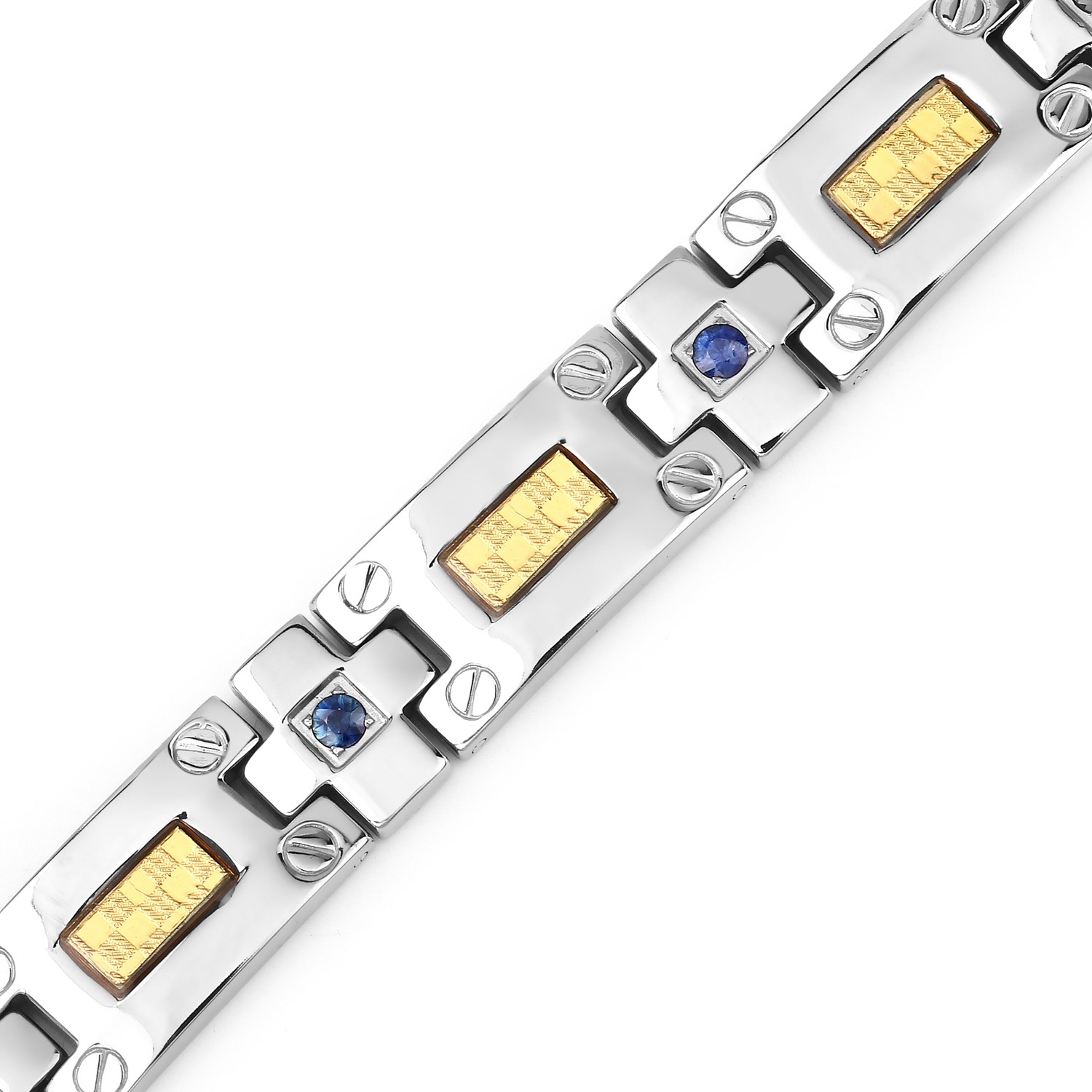 Bracelet homme en titane avec incrustation en acier plaqué or 0,56ct Saphirs bleus naturels ronds