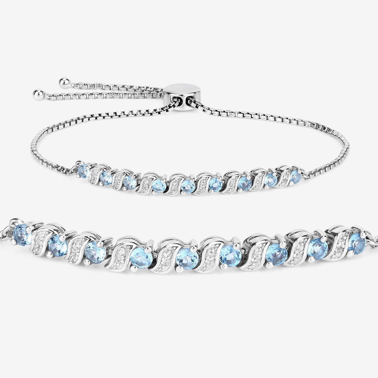 Bracelet en argent sterling de .925 mm avec topaze bleue suisse véritable et topazes blanches de 1,16 carat