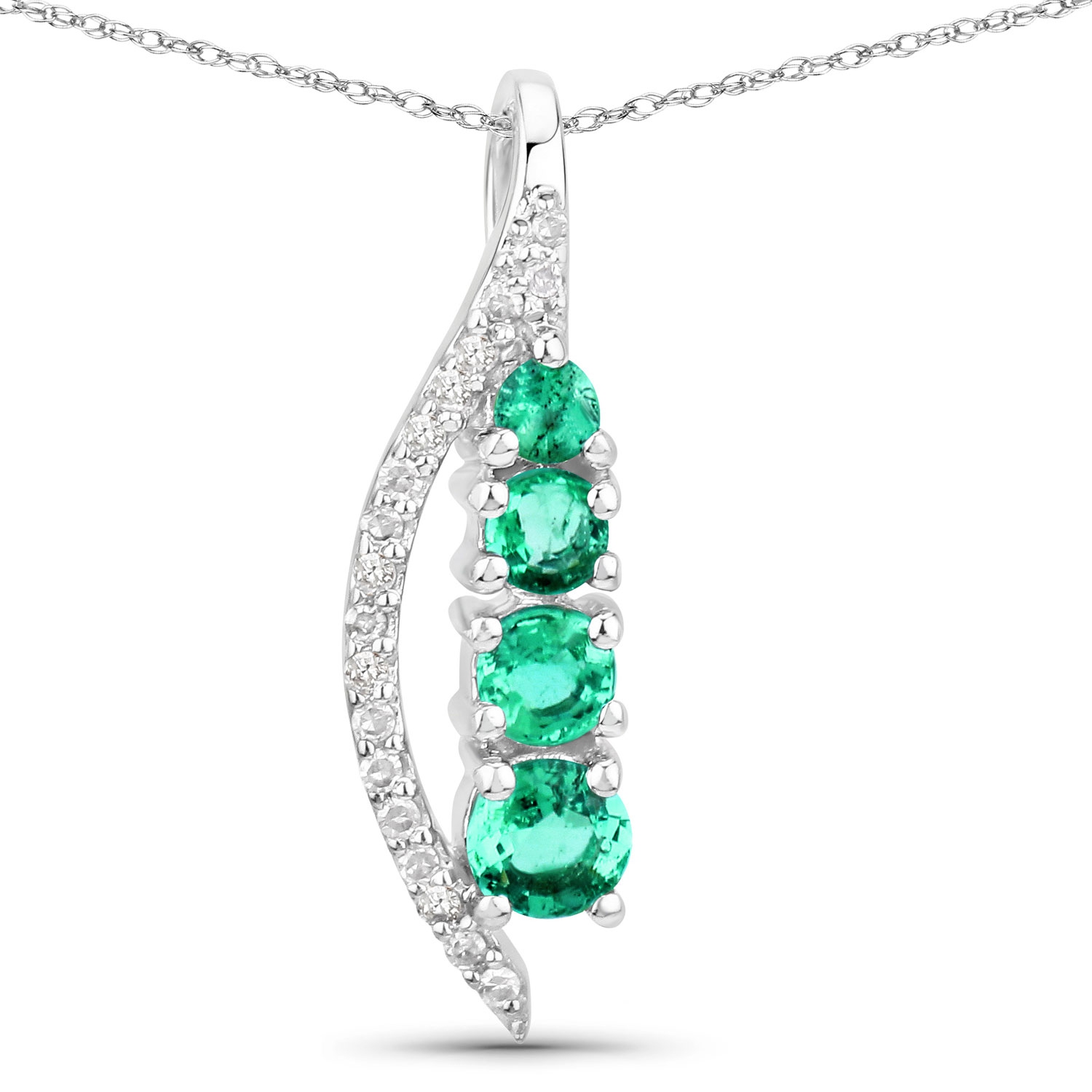 0.34 Carat Genuine Zambian Emerald and White Diamond 14K White Gold Pendant