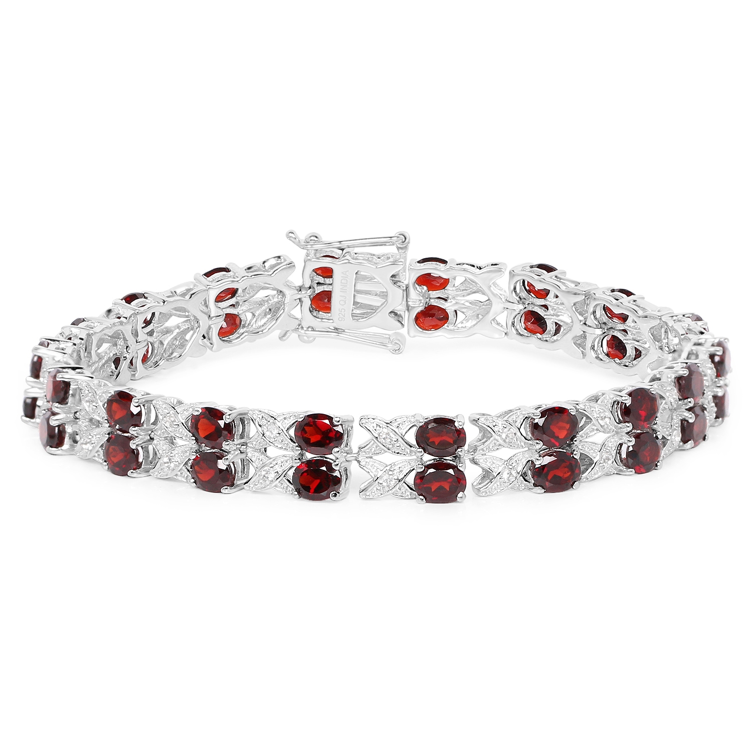 Bracelet en argent sterling de .925&nbsp;mm avec grenat véritable et topazes blanches d'18,36&nbsp;carat