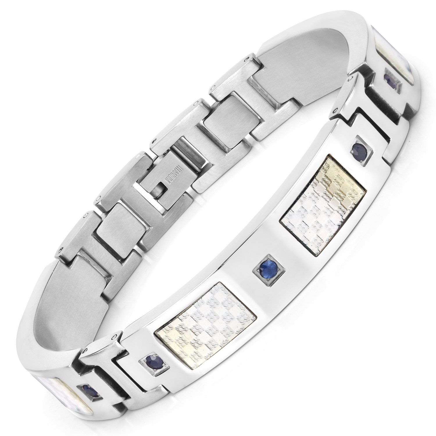 Bracelet homme en titane avec incrustation en acier plaqué argent 0,72ct.W. Saphirs bleus naturels ronds