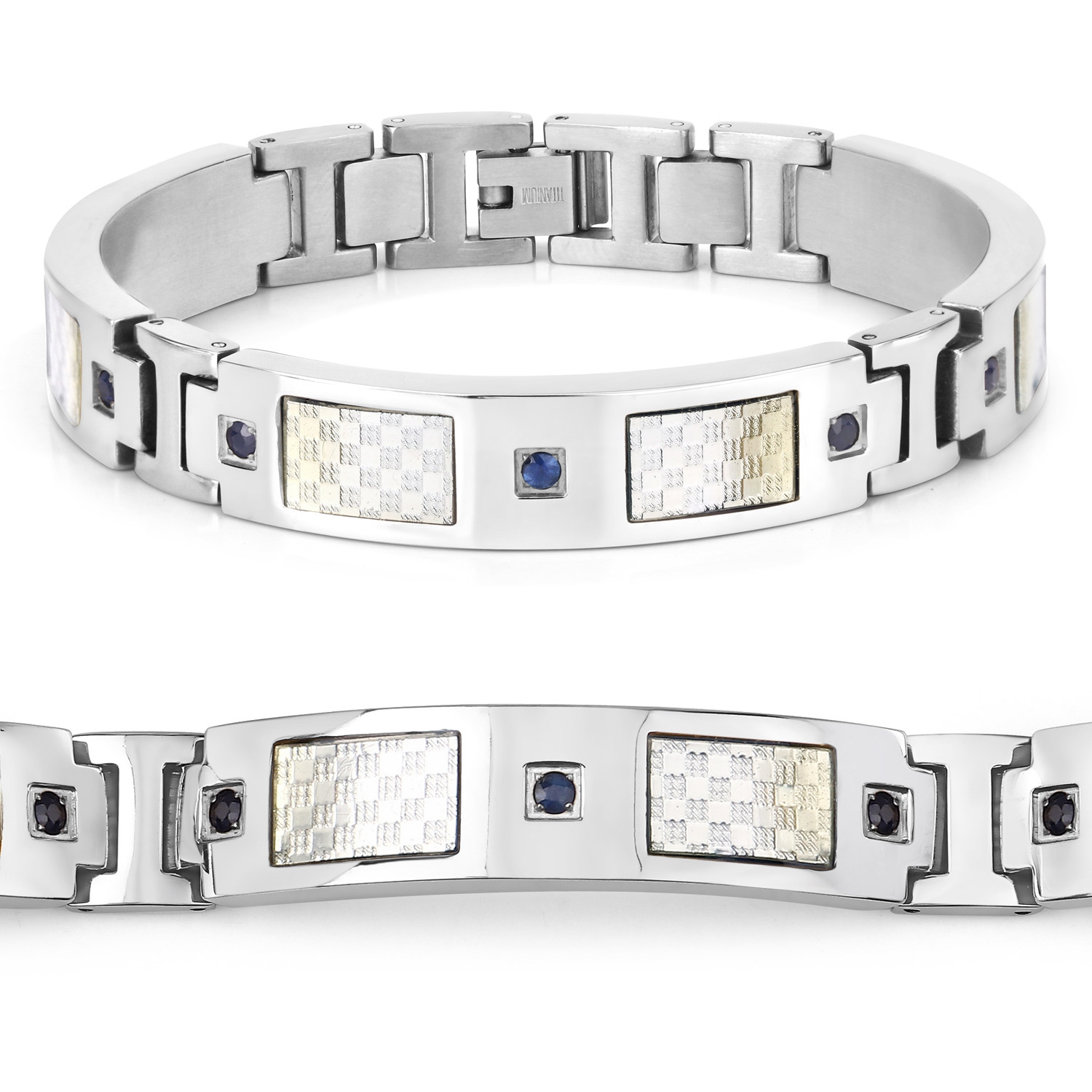 Bracelet homme en titane avec incrustation en acier plaqué argent 0,72ct.W. Saphirs bleus naturels ronds