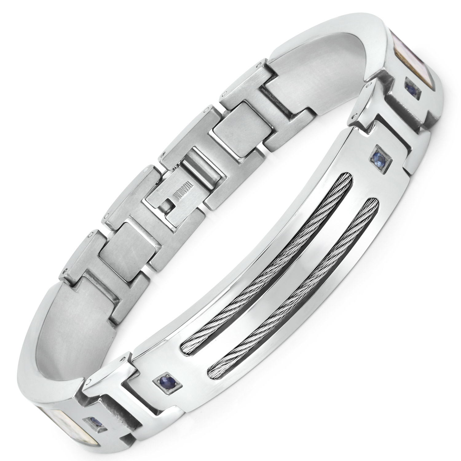 Bracelet homme en titane avec incrustation en acier plaqué argent 0,48ct.W. Saphirs bleus naturels ronds