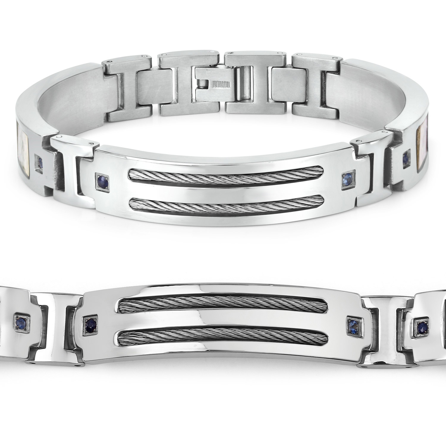 Bracelet homme en titane avec incrustation en acier plaqué argent 0,48ct.W. Saphirs bleus naturels ronds