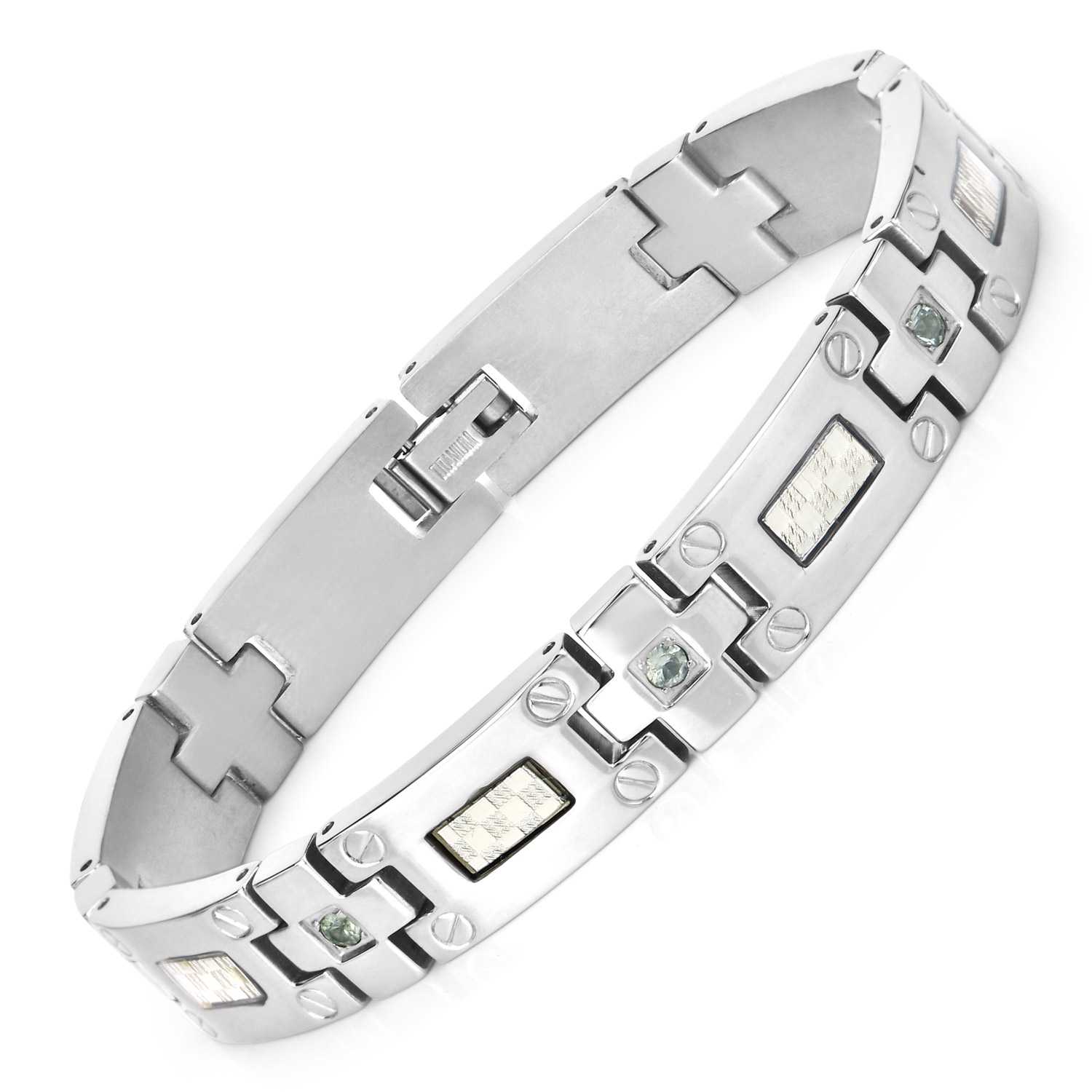 Mens Titanium Bracelet with Silver Plate Steel Inlay 0.56ct.w. Natural Green Sapphire Rounds