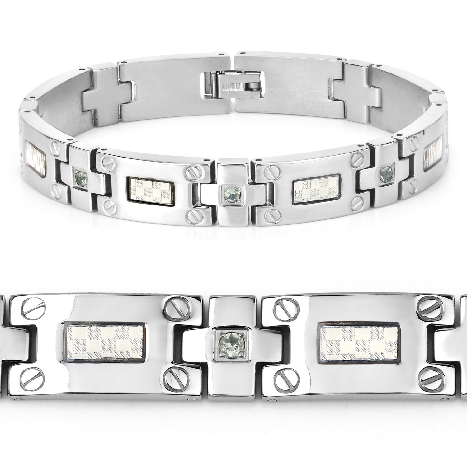 Mens Titanium Bracelet with Silver Plate Steel Inlay 0.56ct.w. Natural Green Sapphire Rounds