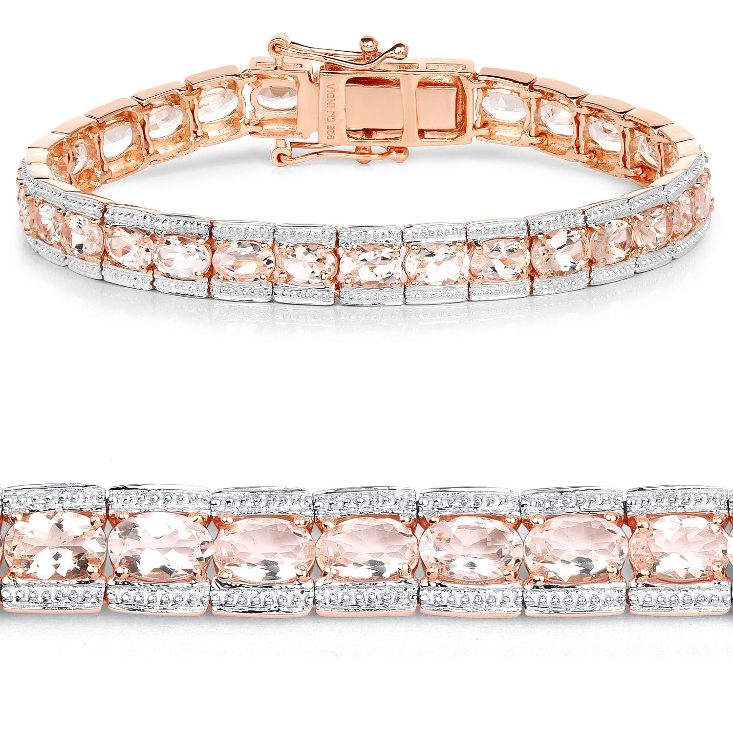 Bracelet en argent sterling plaqué or rose 18k CT avec morganite véritable .925&nbsp;mm d'11,60&nbsp;carat