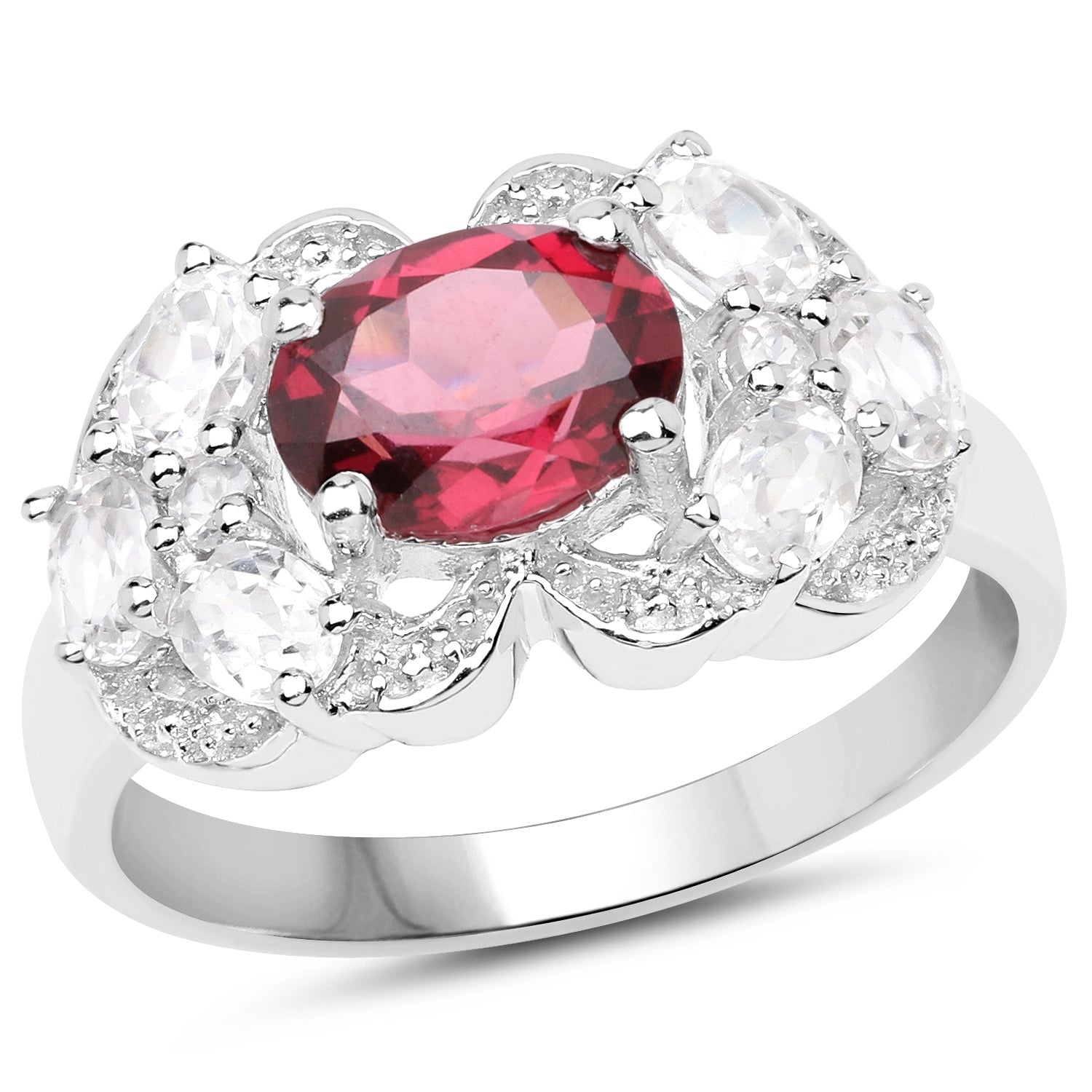 3.16 Carat Genuine Rhodolite And White Zircon .925 Sterling Silver Ring