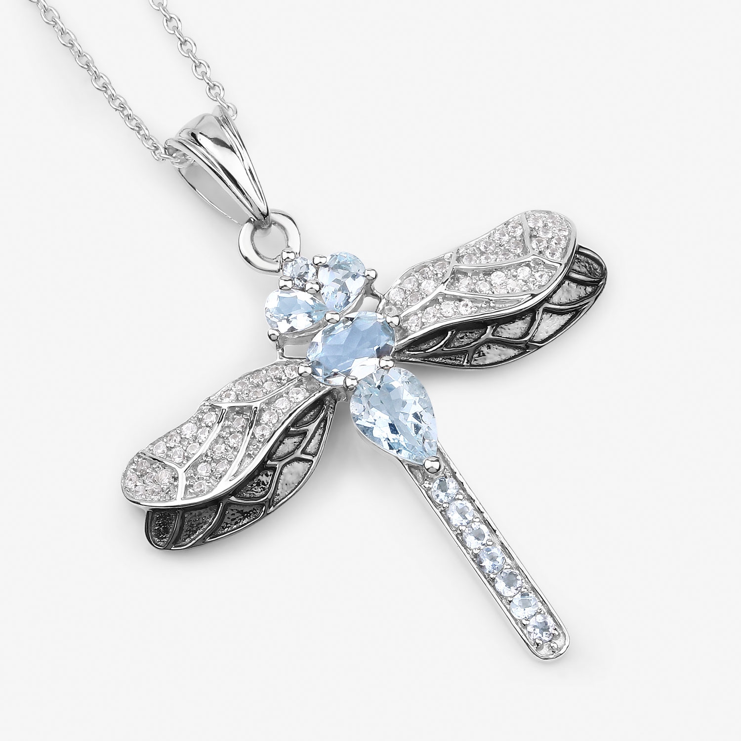 1.86 Carat Genuine Aquamarine and White Zircon .925 Sterling Silver Pendant