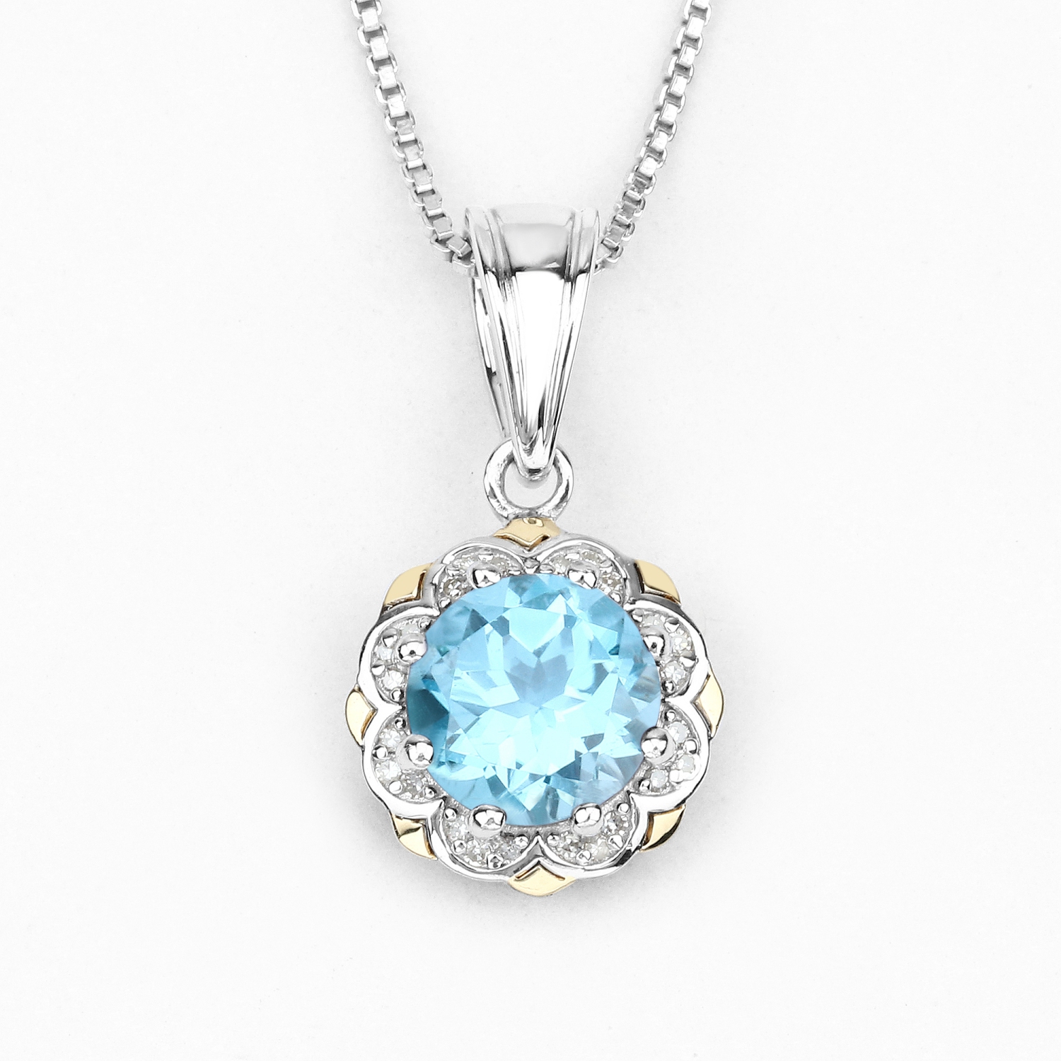2.32 Carat Genuine Swiss Blue Topaz & White Diamond 14K Yellow Gold with .925 Silver Pendant