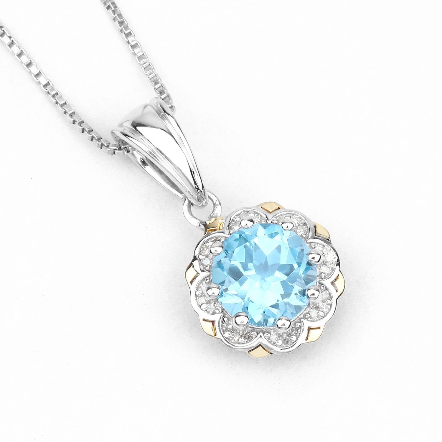 2.32 Carat Genuine Swiss Blue Topaz & White Diamond 14K Yellow Gold with .925 Silver Pendant