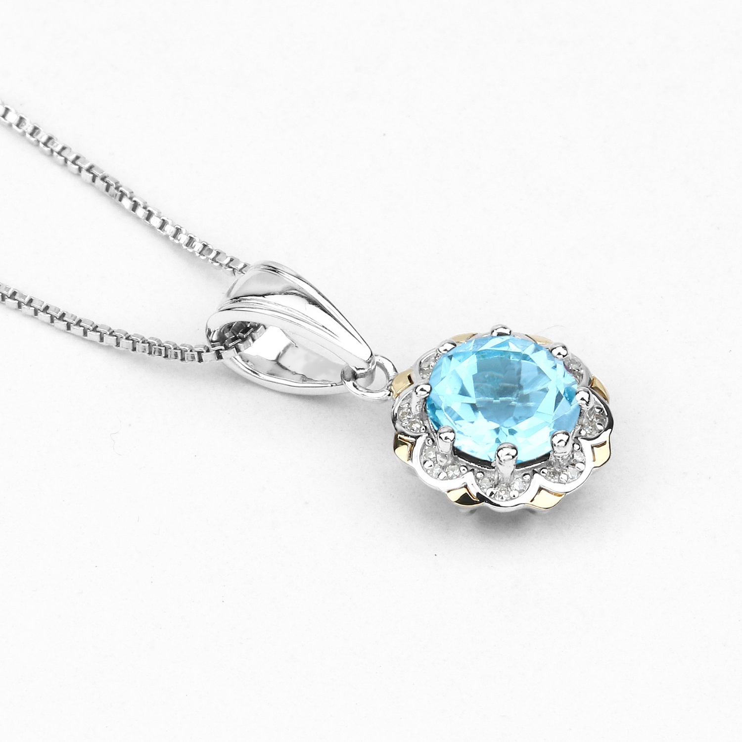 2.32 Carat Genuine Swiss Blue Topaz & White Diamond 14K Yellow Gold with .925 Silver Pendant