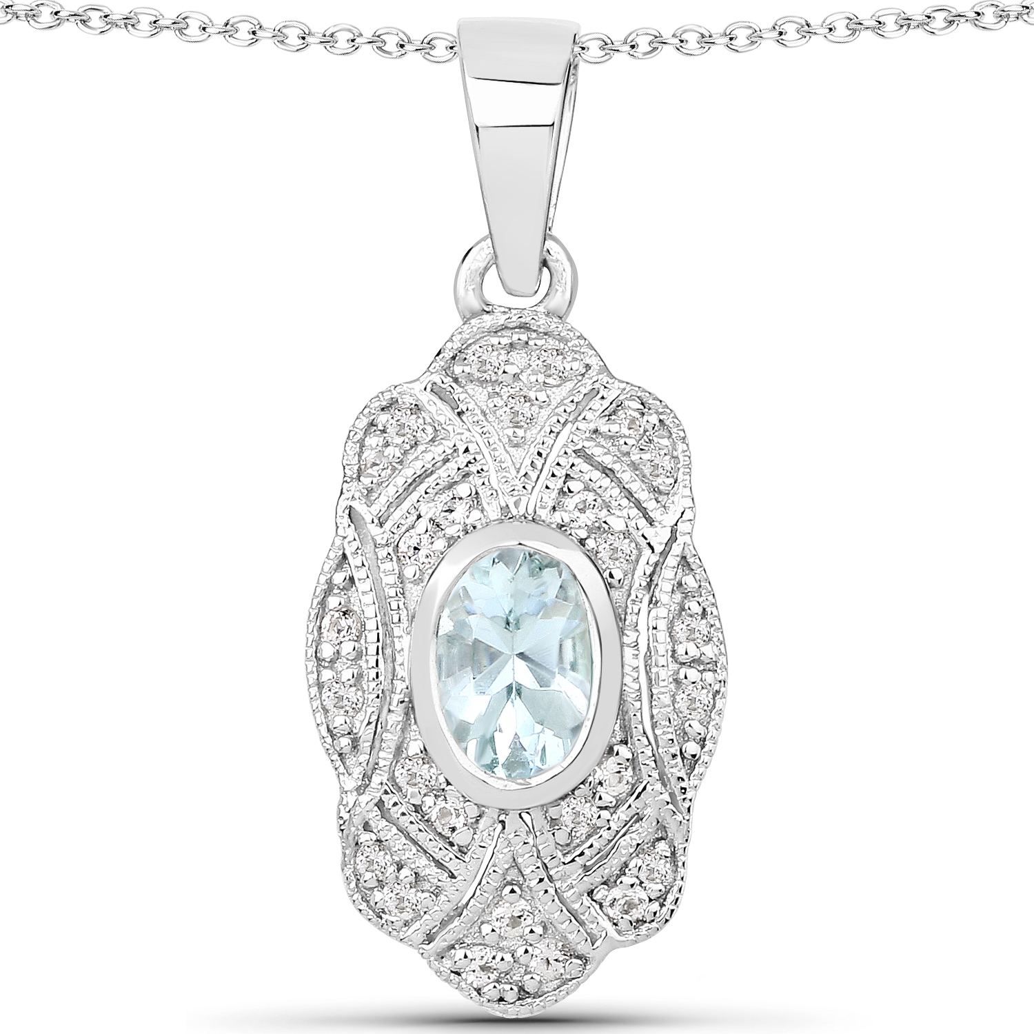 0.48 Carat Genuine Aquamarine and White Topaz .925 Sterling Silver Pendant
